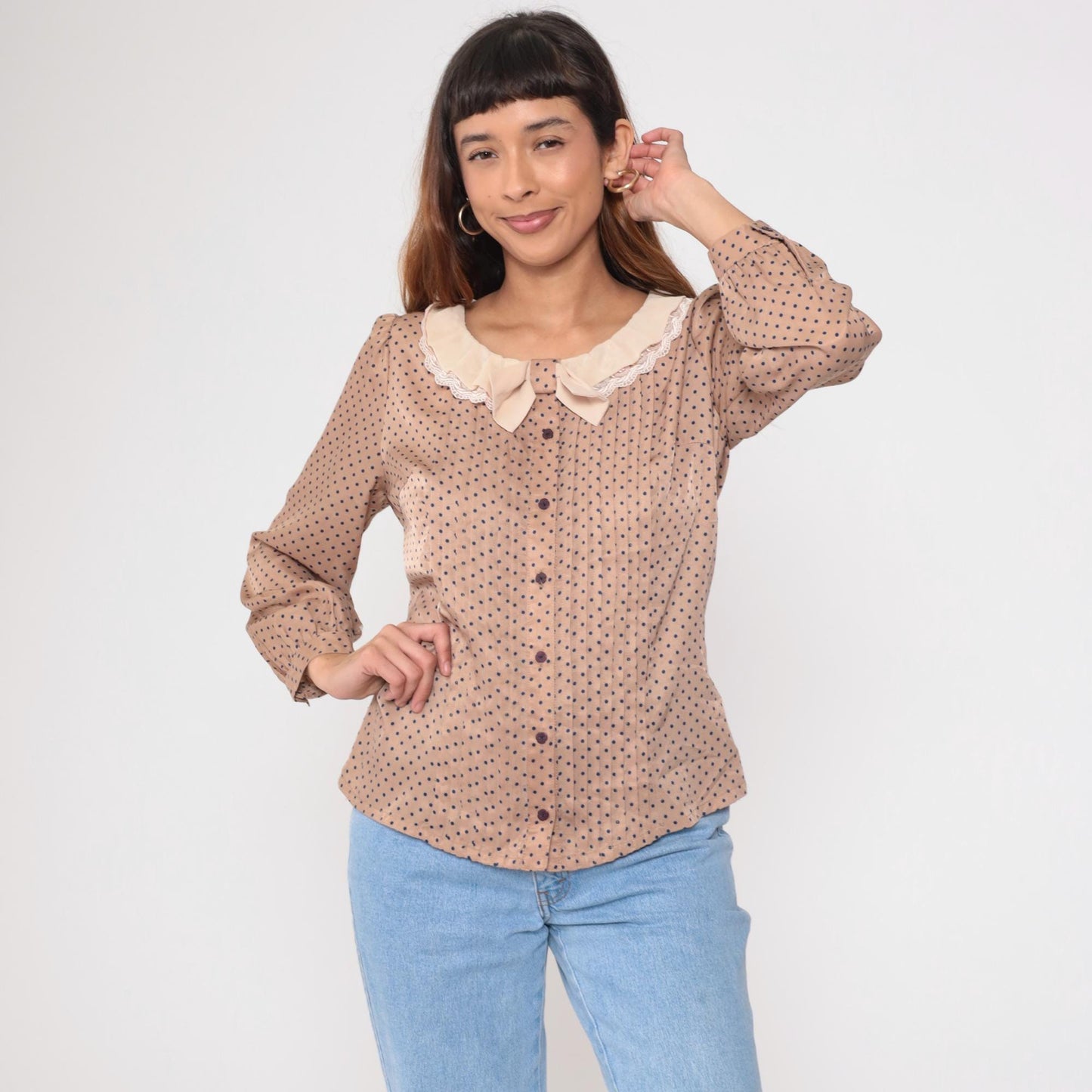 Y2K Beige Polka Dot Blouse Navy Ruffled Collar Lace Trim Button Up Large L