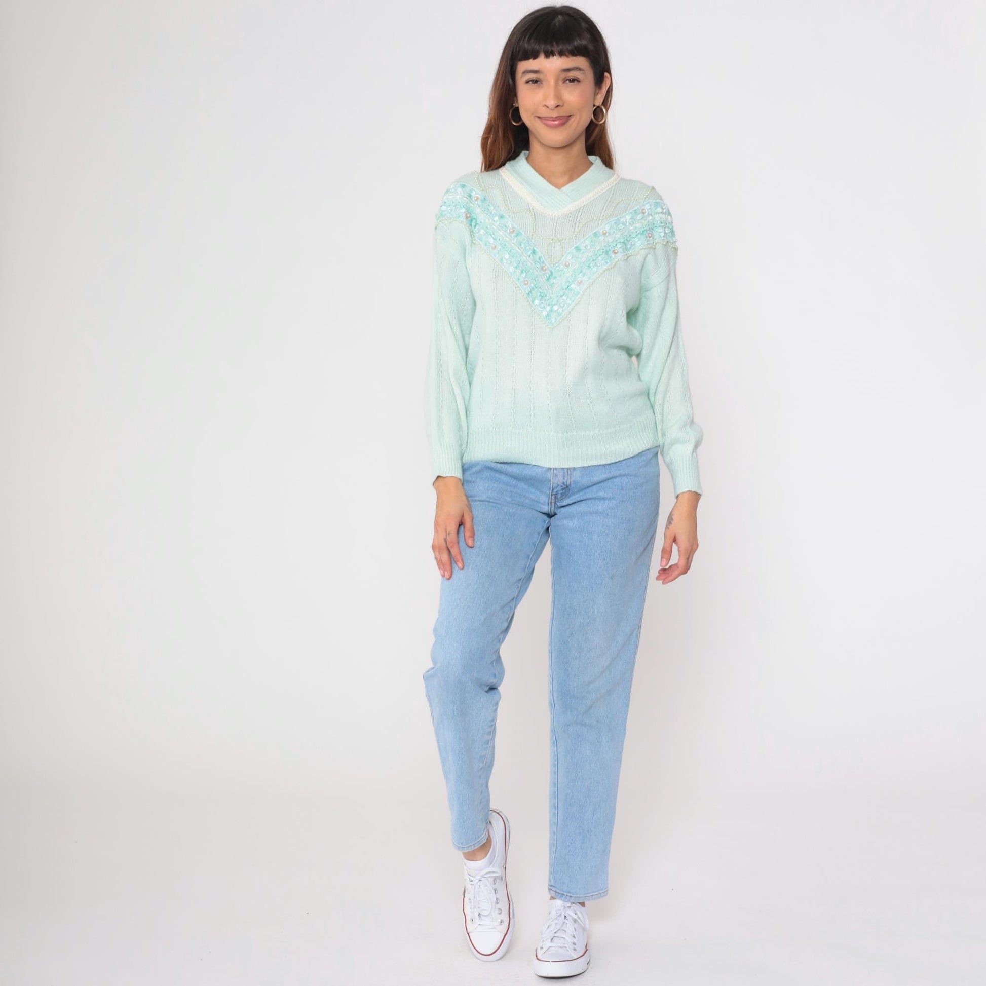 80s Seafoam Pearl Beaded Chevron Sweater Shawl Collar Knit Small