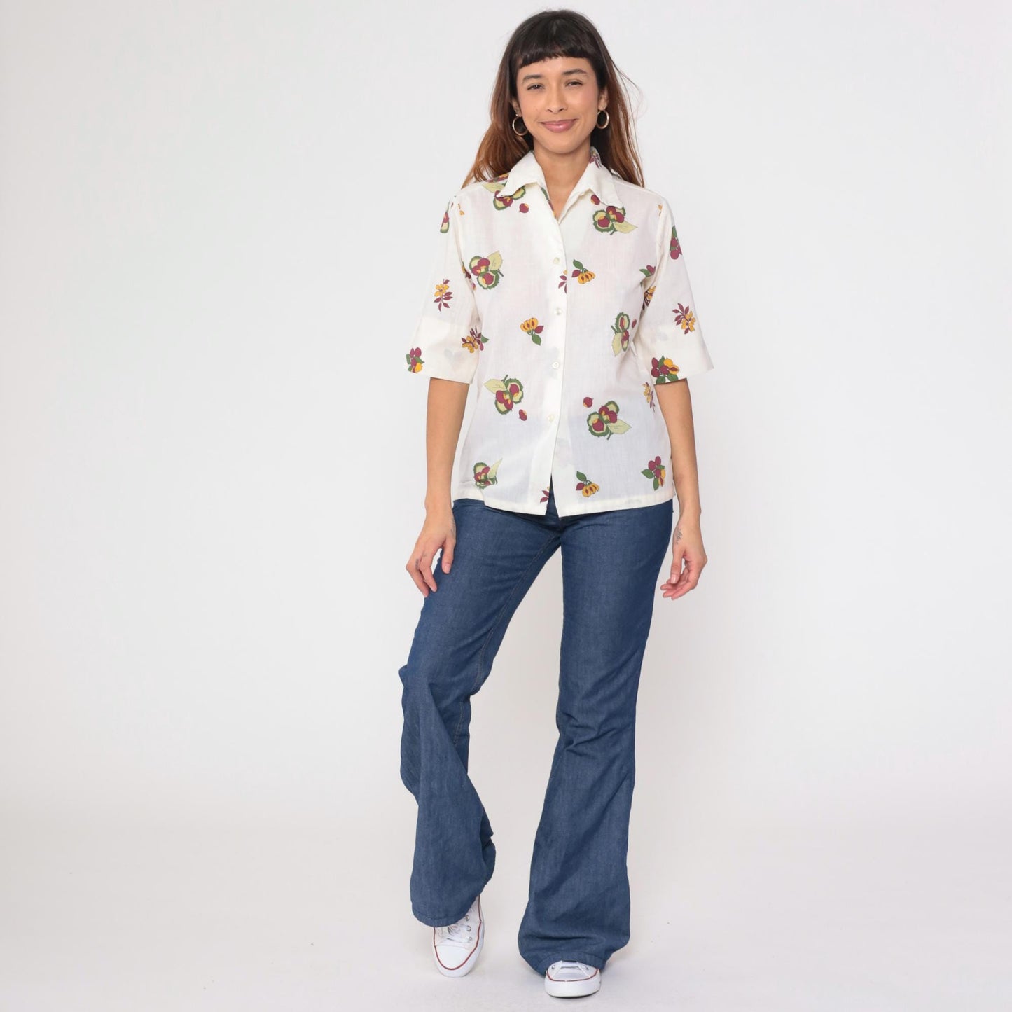 70s Laura Mae Fruit Print Button Up Blouse White Chestnut Medium
