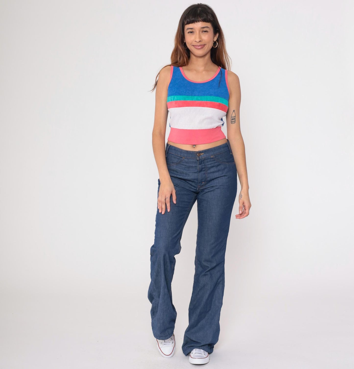 80s Terrycloth Tank Top Striped Blue Coral Mesh Ringer Crop Extra Small