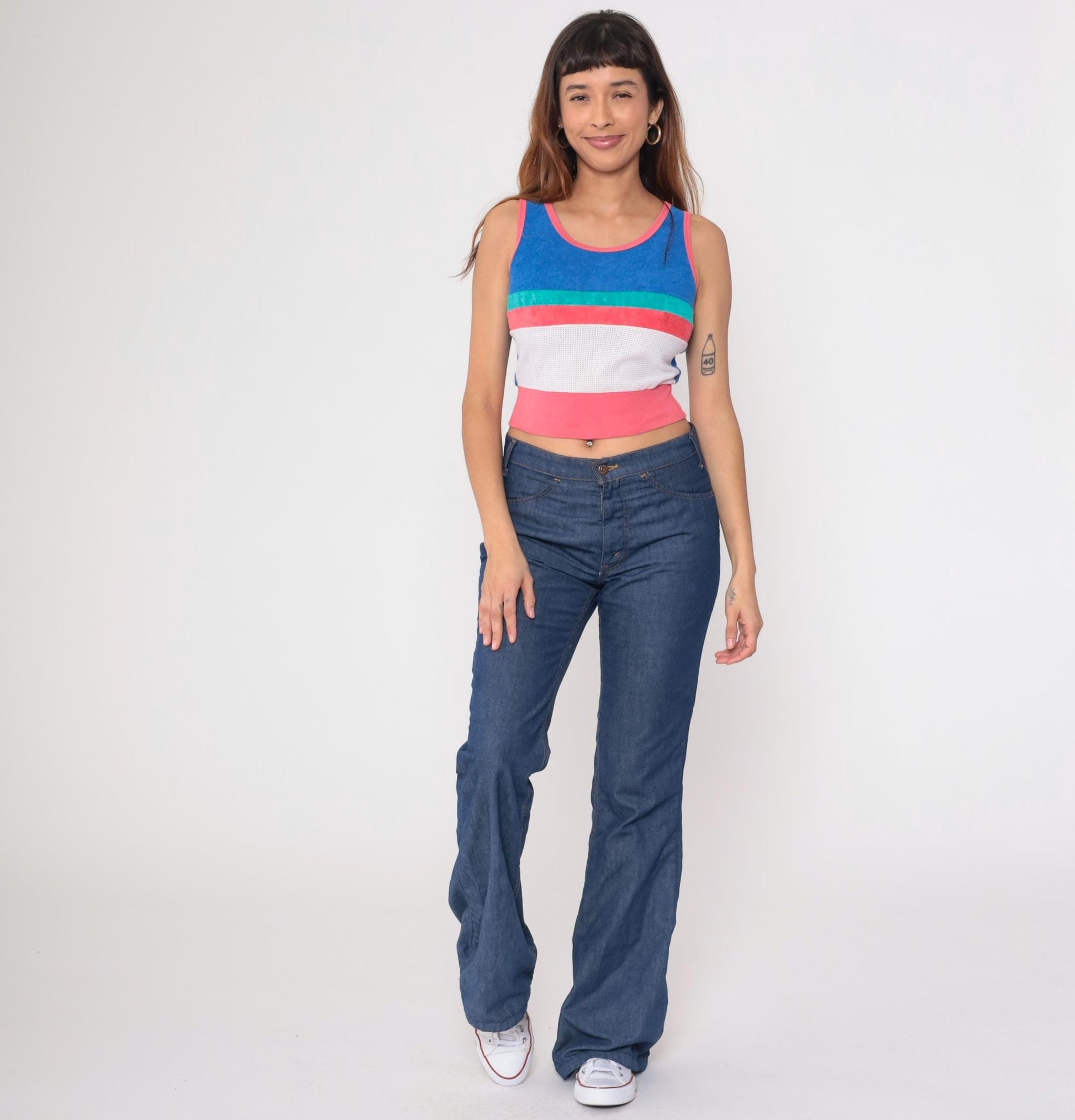 80s Terrycloth Tank Top Striped Blue Coral Mesh Ringer Crop Extra Small