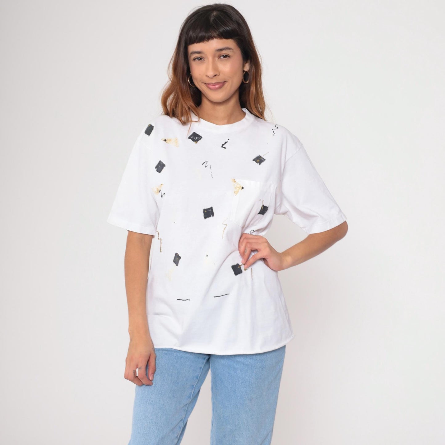 90s Abstract Geometric Glitter T-Shirt White Gold Black Graphic Tee Medium