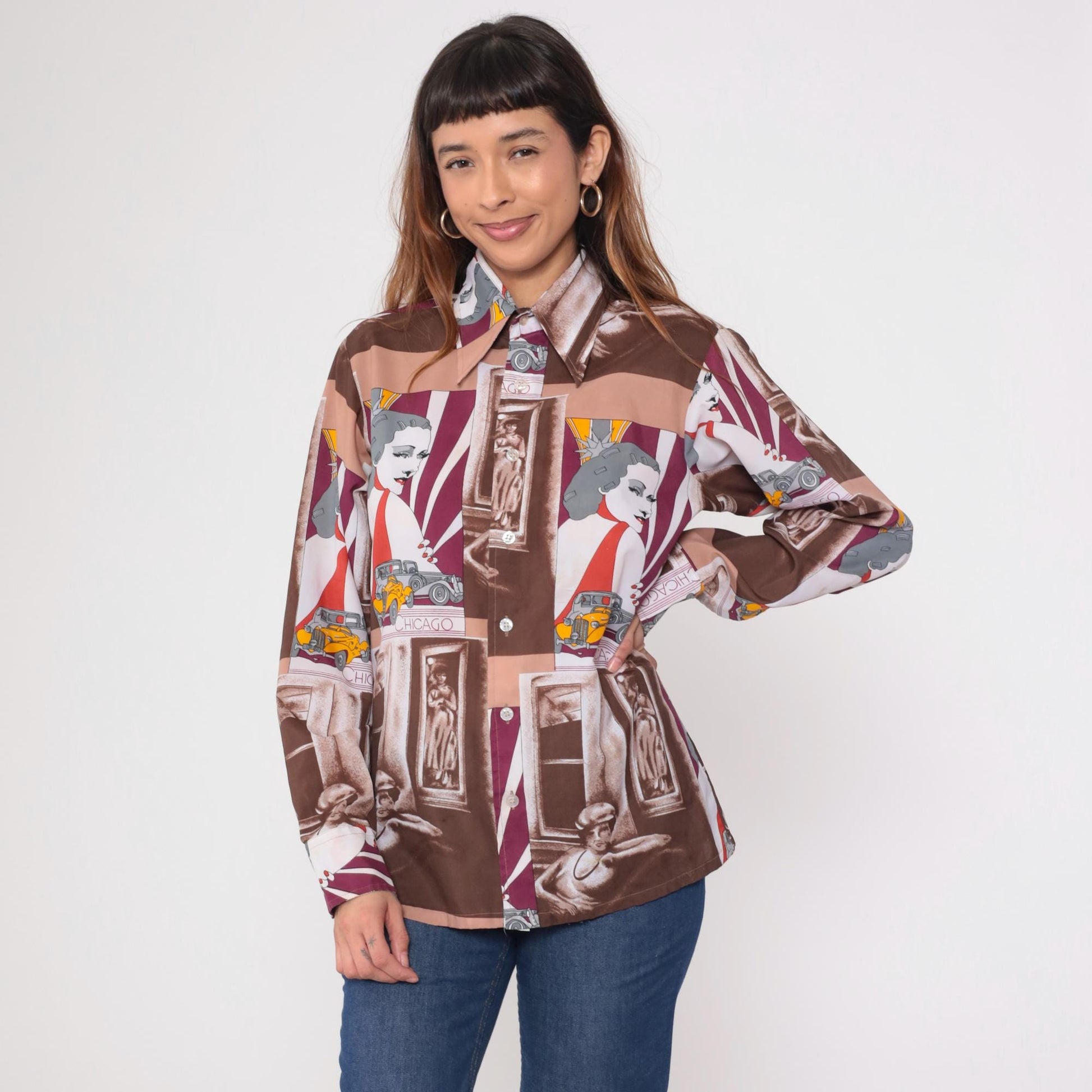 70s Art Deco Chicago Car Print Button Up Shirt Novelty Graphic Medium