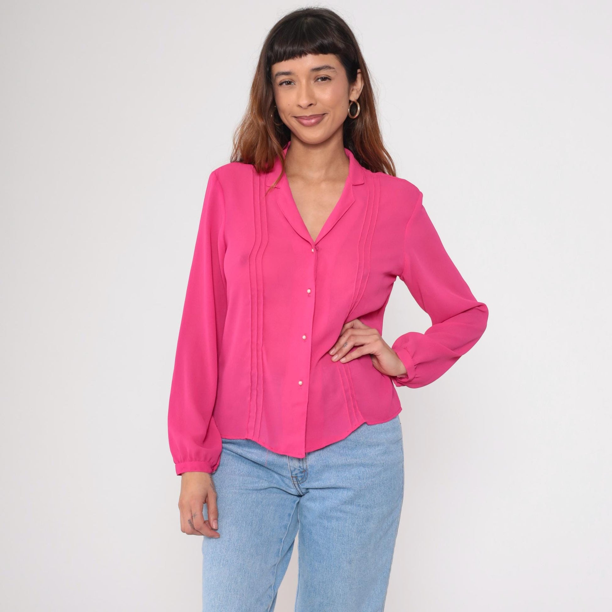 80s Fuchsia Pink Pleated Button-Up Blouse Pearl Buttons Long Sleeve Medium M