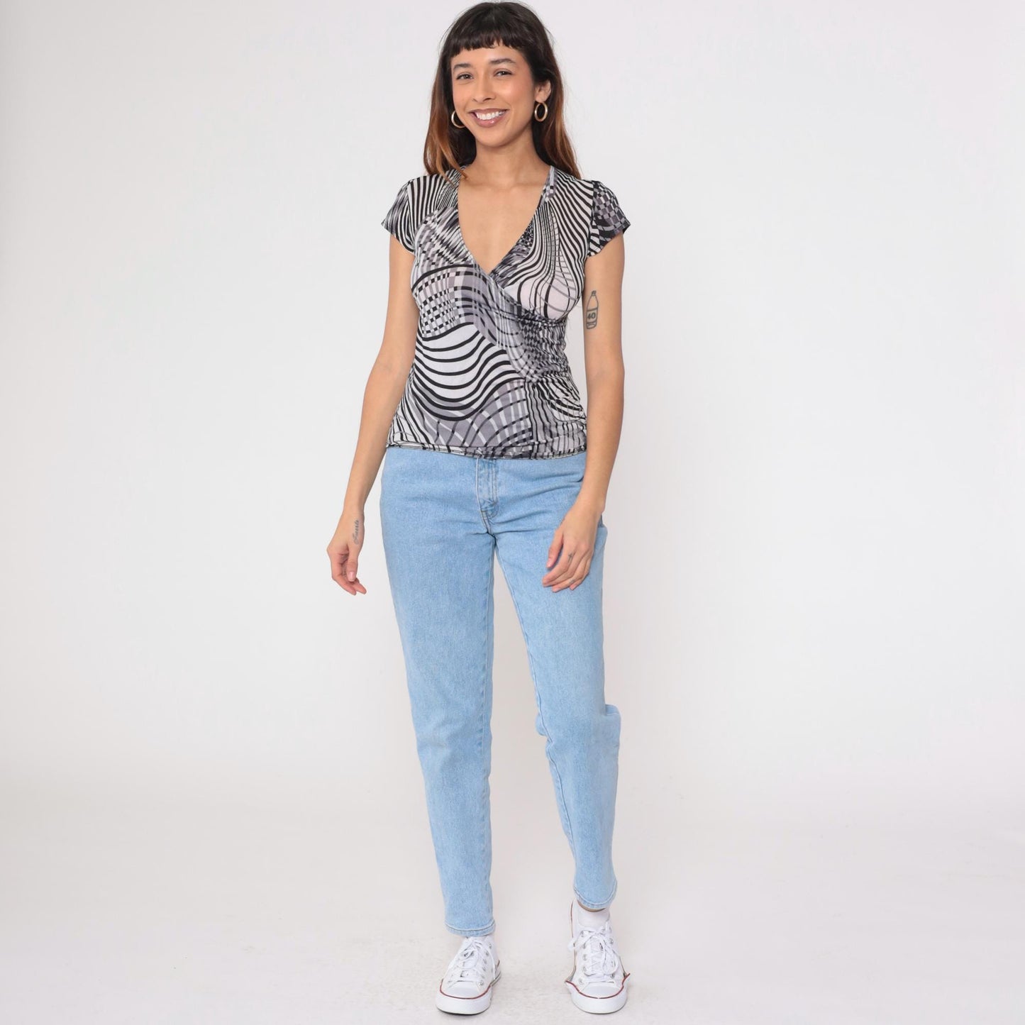 Y2K Op Art Striped Faux Wrap Top Deep V Neck Black Grey White Large L