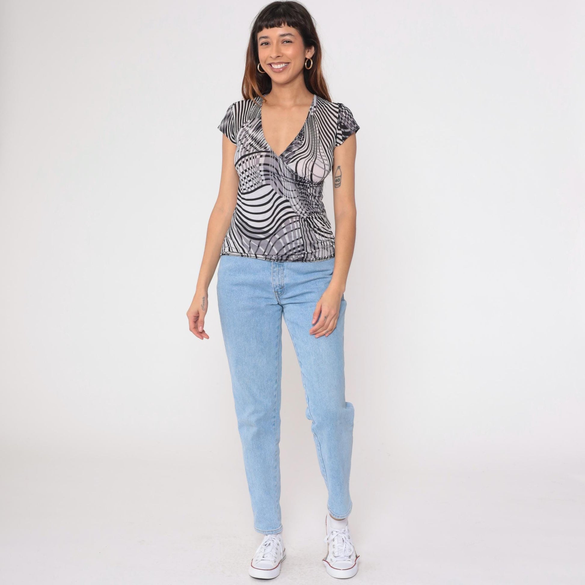 Y2K Op Art Striped Faux Wrap Top Deep V Neck Black Grey White Large L