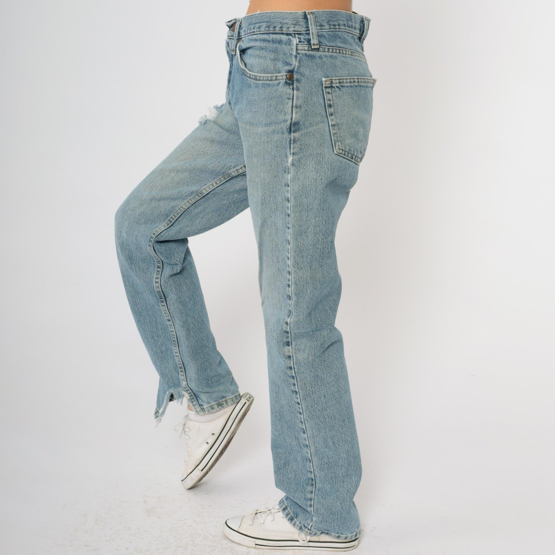 90s Wrangler High Waisted Straight Leg Jeans Blue Distressed Rips 30x32
