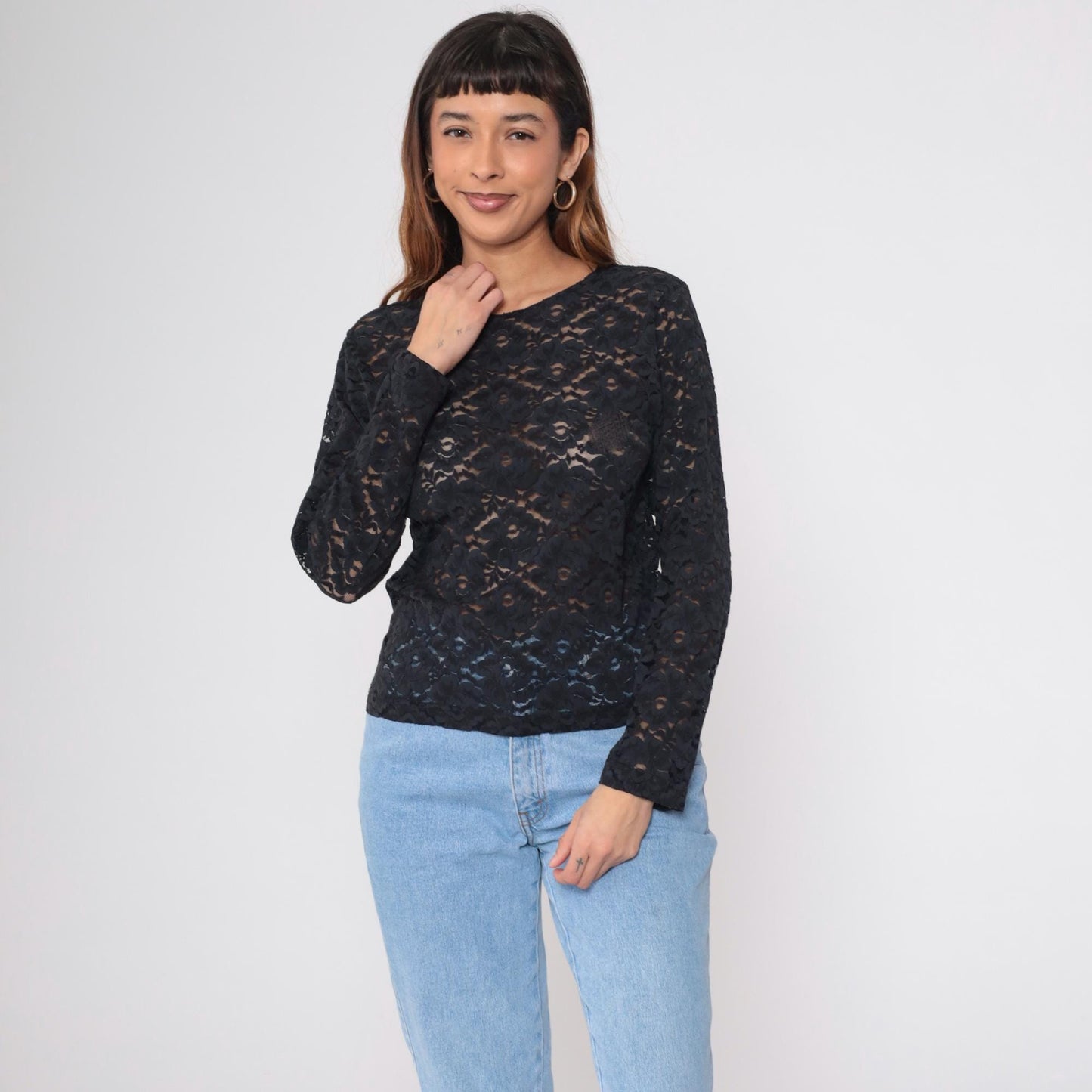 90s Sheer Black Floral Lace Long Sleeve Blouse Small S