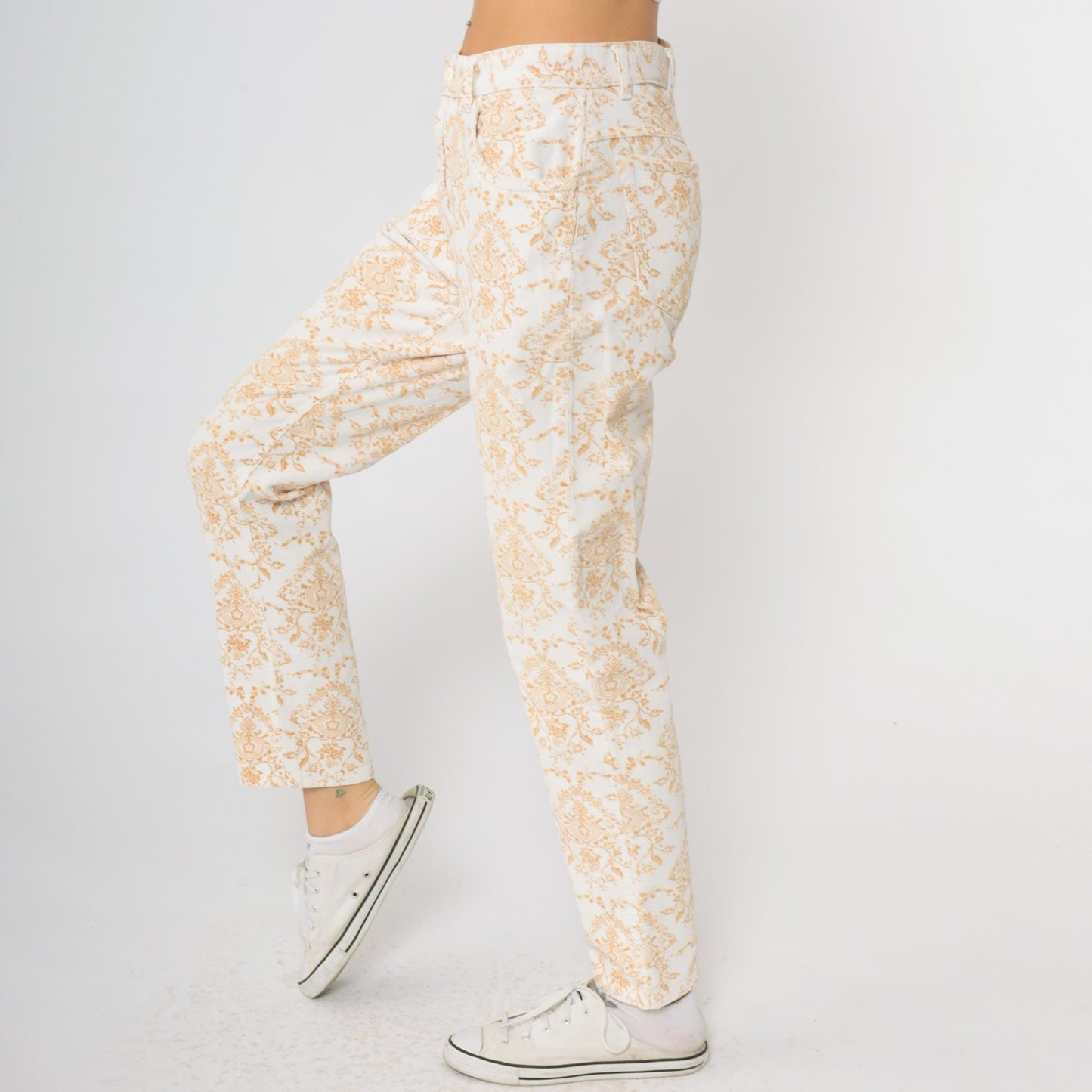 Y2K Paisley Corduroy Pants Cream Orange High Waisted Straight Leg Medium M