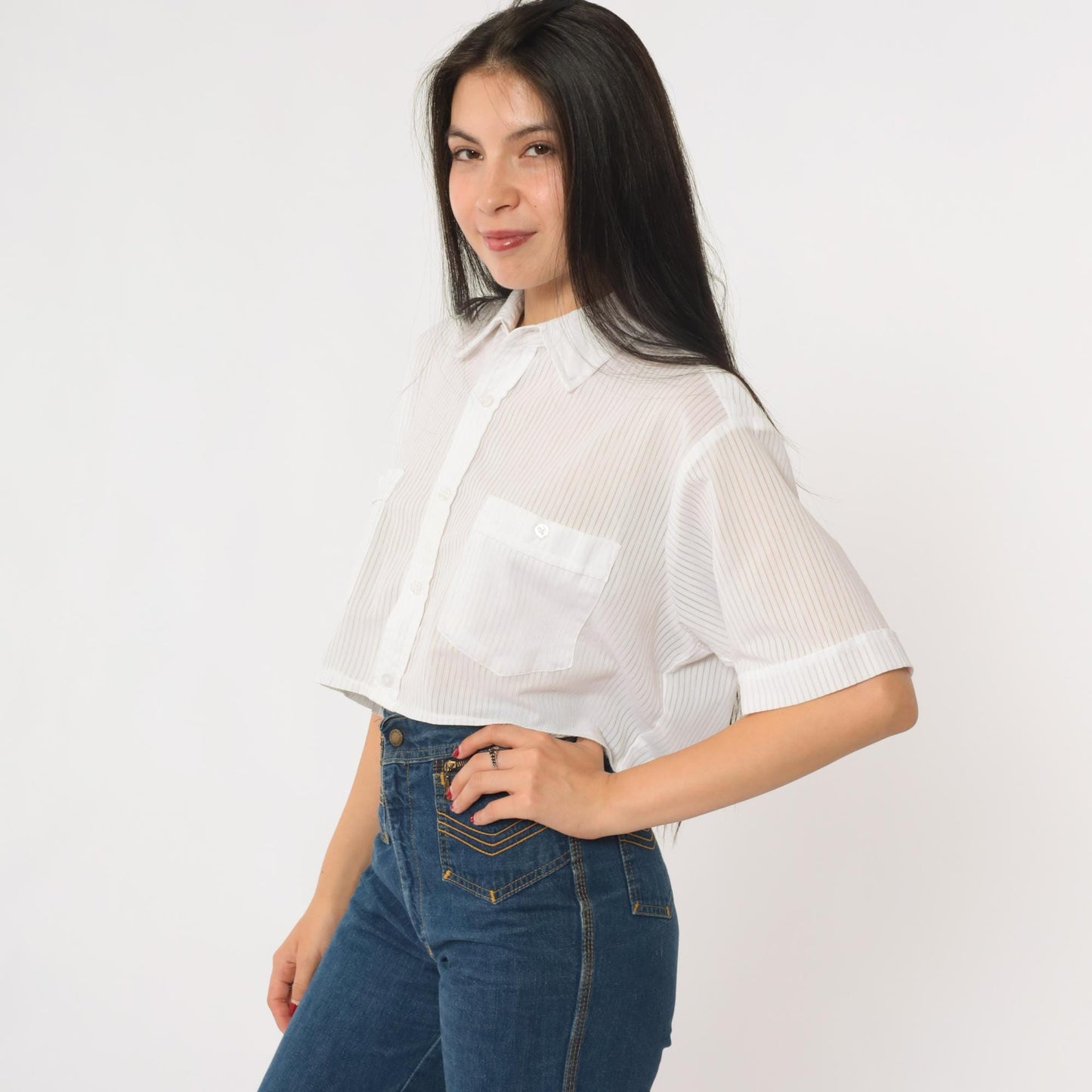 90s Haband Striped Button-Up Crop Top White Vertical Stripes Medium