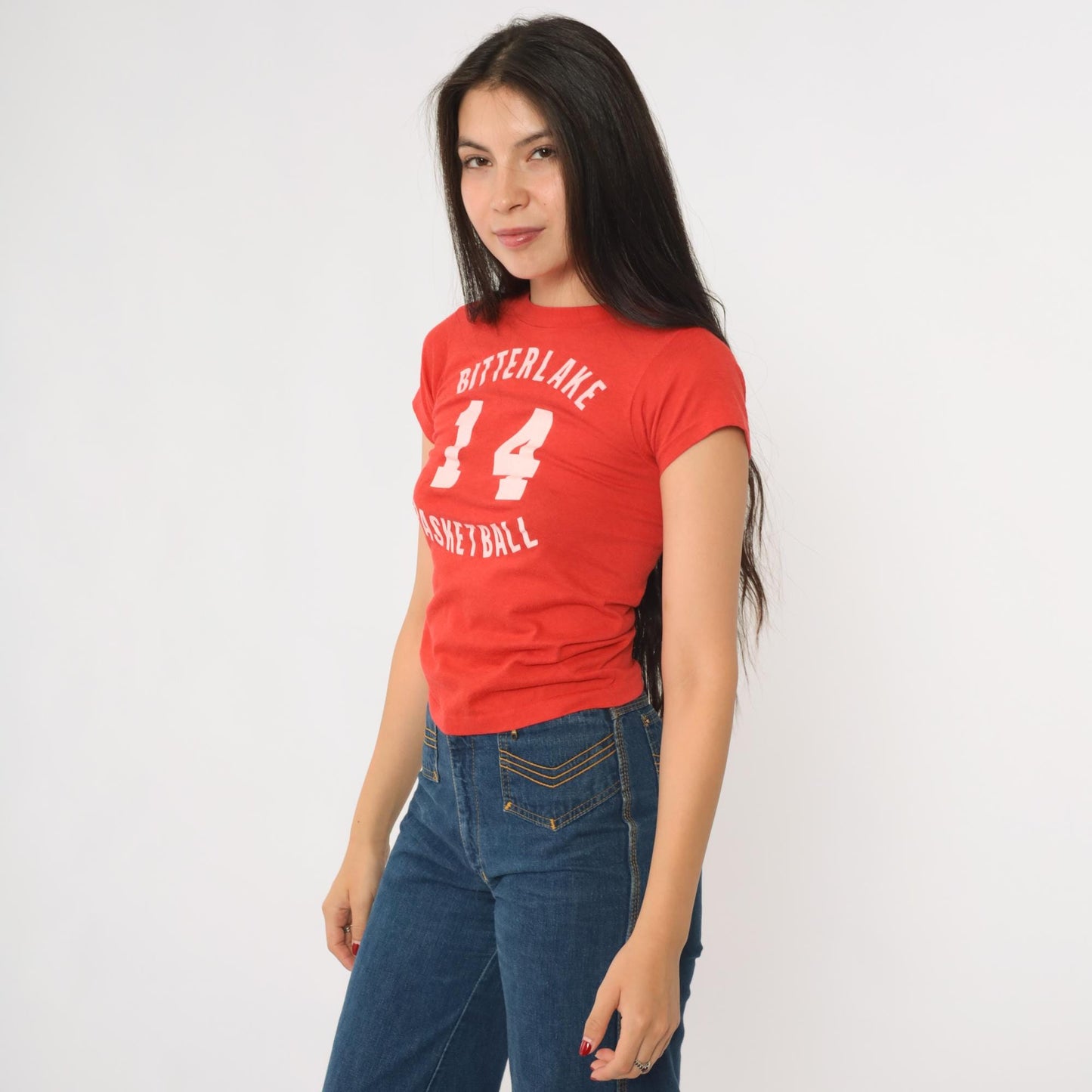80s Bitterlake Basketball Graphic T-Shirt Red Single Stitch Number 14 XXS
