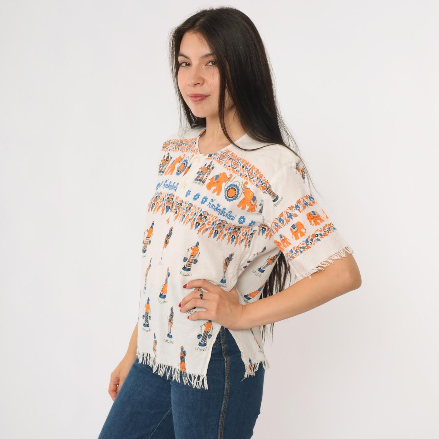 Y2K Thailand Souvenir Shirt White Cotton Elephant Print Fringe Small