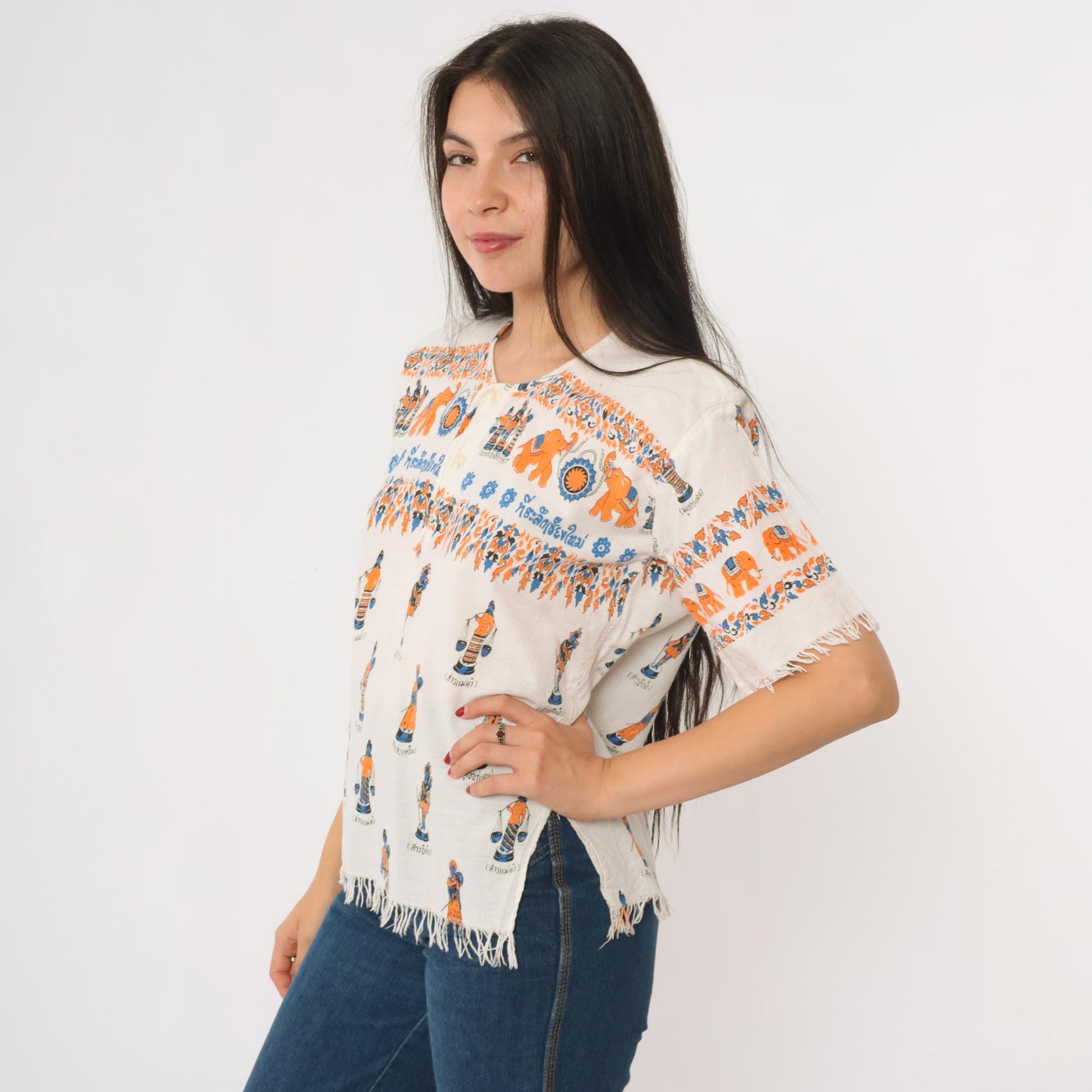 Y2K Thailand Souvenir Shirt White Cotton Elephant Print Fringe Small