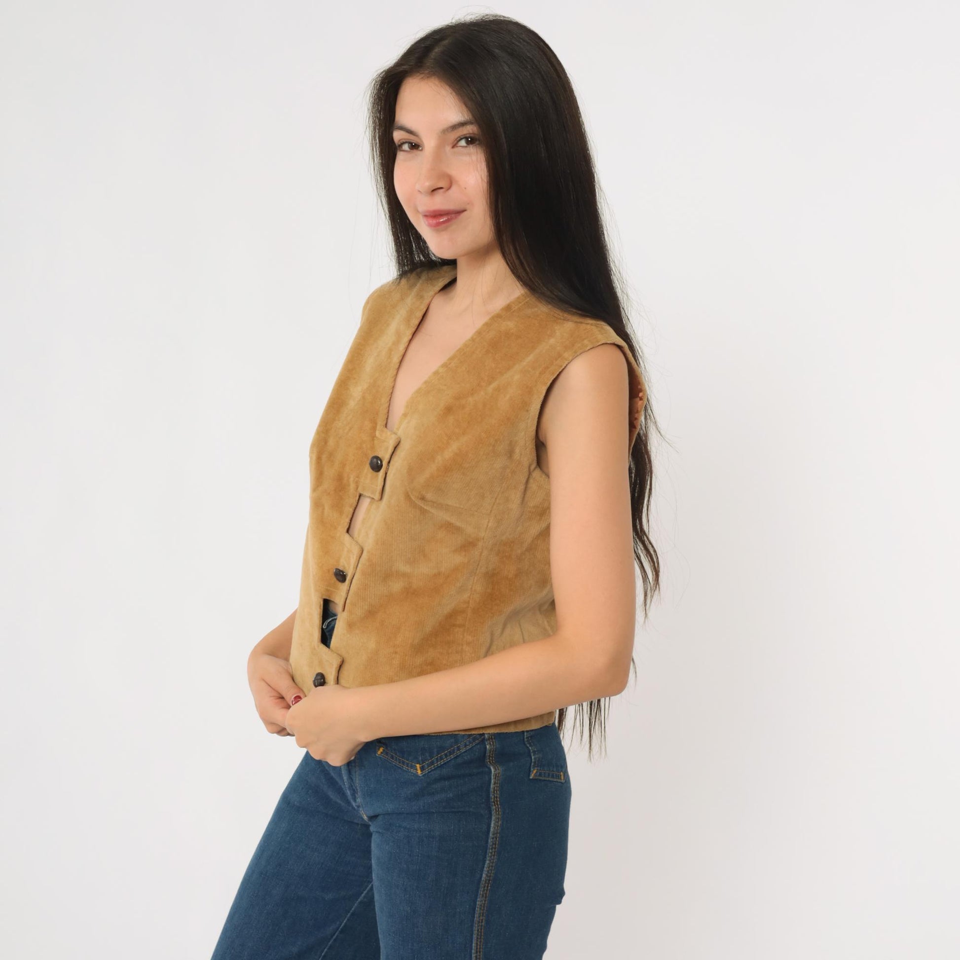 70s Jack Winter Tan Corduroy Vest Keyhole Button-Up Small