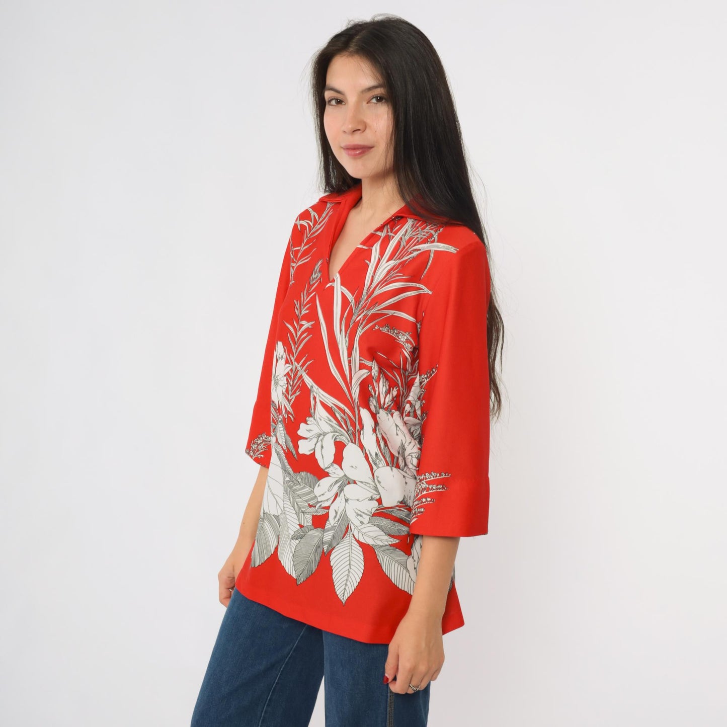 70s Teddi of California Floral Shirt Red Dagger Collar V-Neck Blouse Medium M