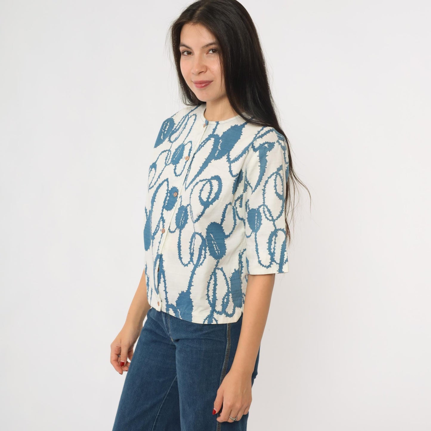 60s Campus Casuals Abstract Print Button Up Blouse Blue White Medium