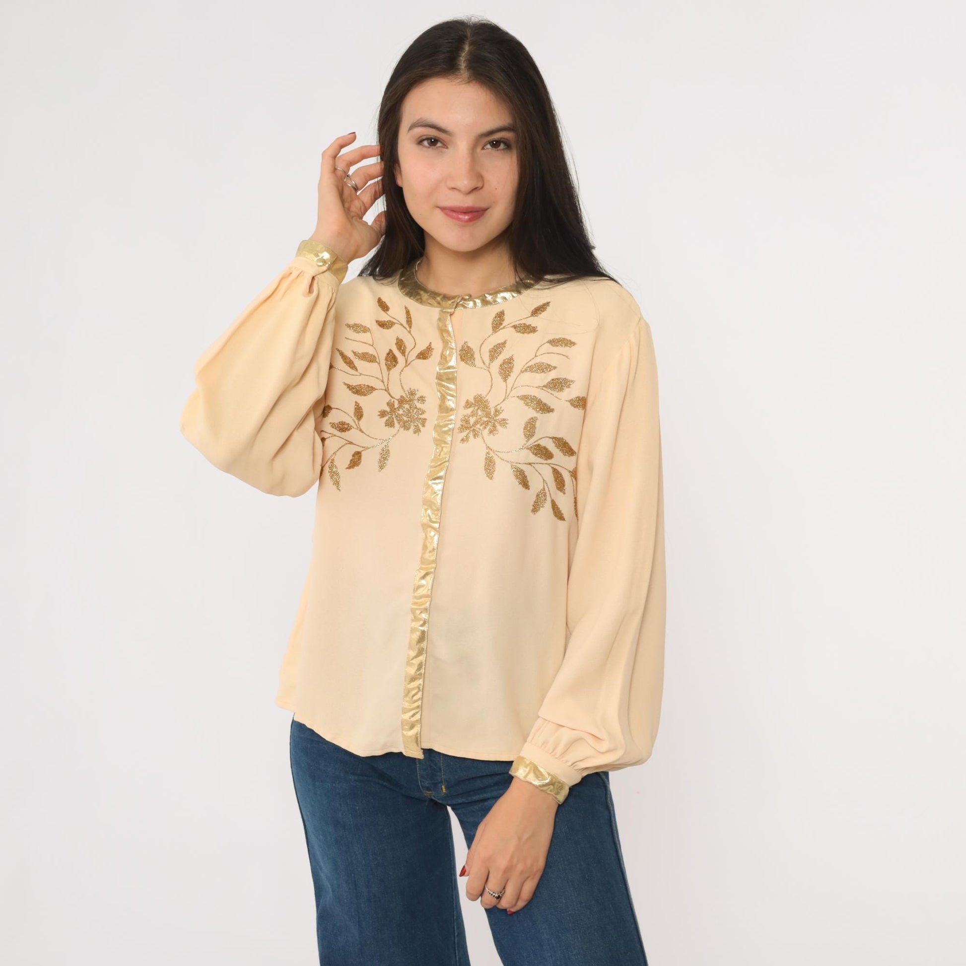 70s Frank Masandrea Peach Crepe Blouse Gold Embroidered Floral Small