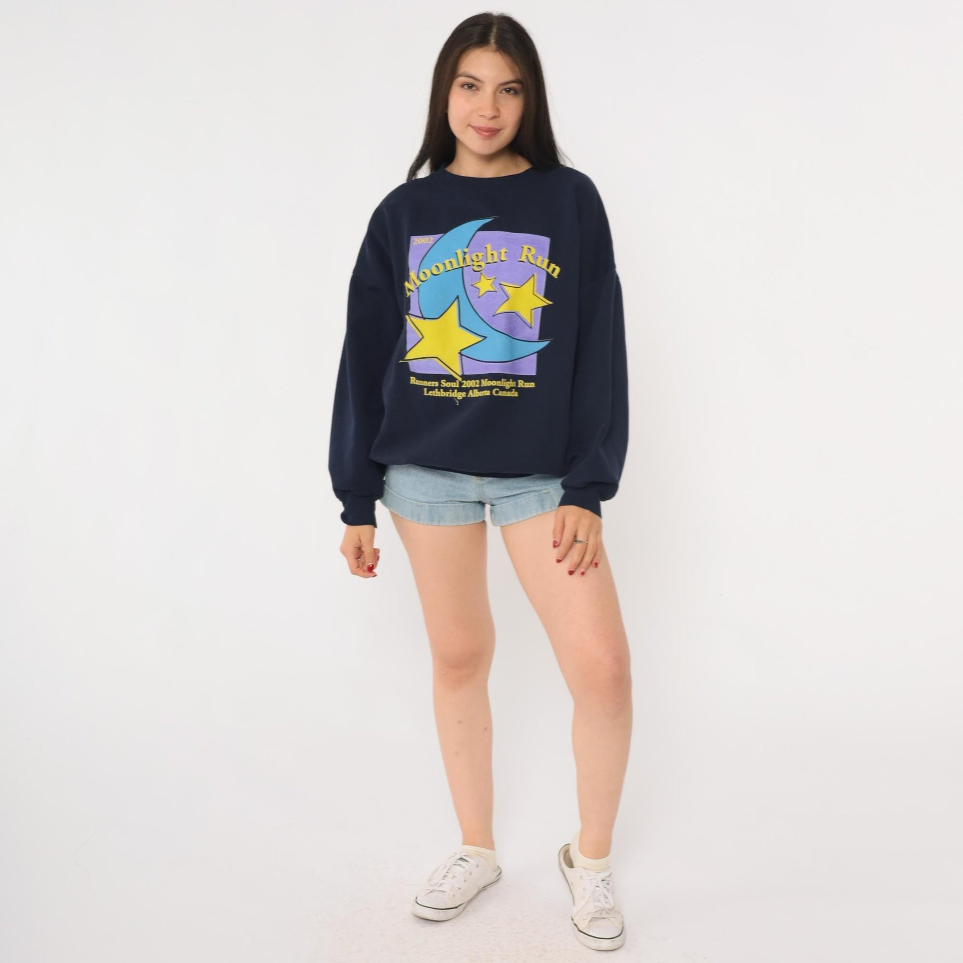 2002 Moonlight Run Lethbridge Alberta Sweatshirt Navy Celestial Graphic Medium