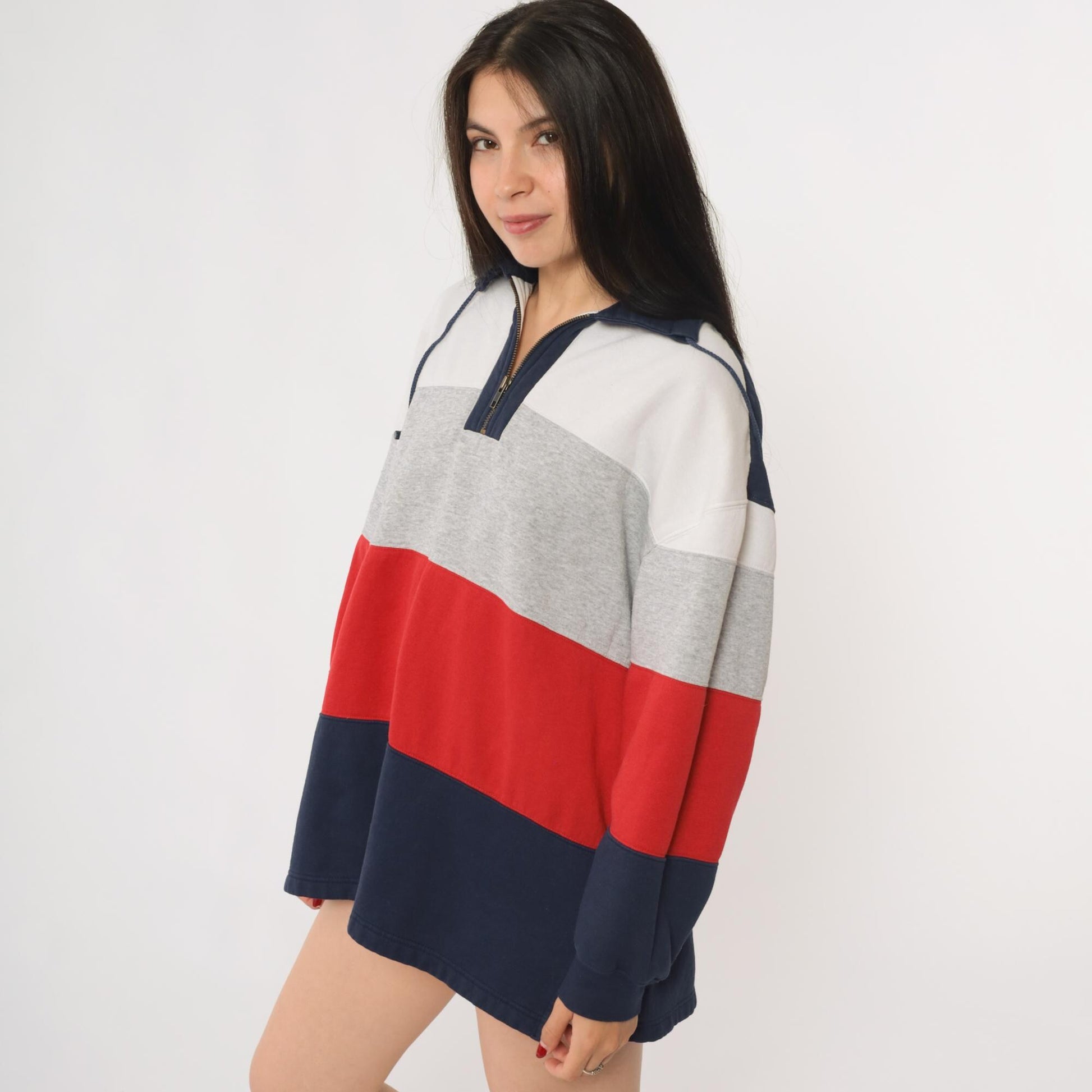 90s Color Block Quarter Zip Sweatshirt Grey Navy Red Striped Large L