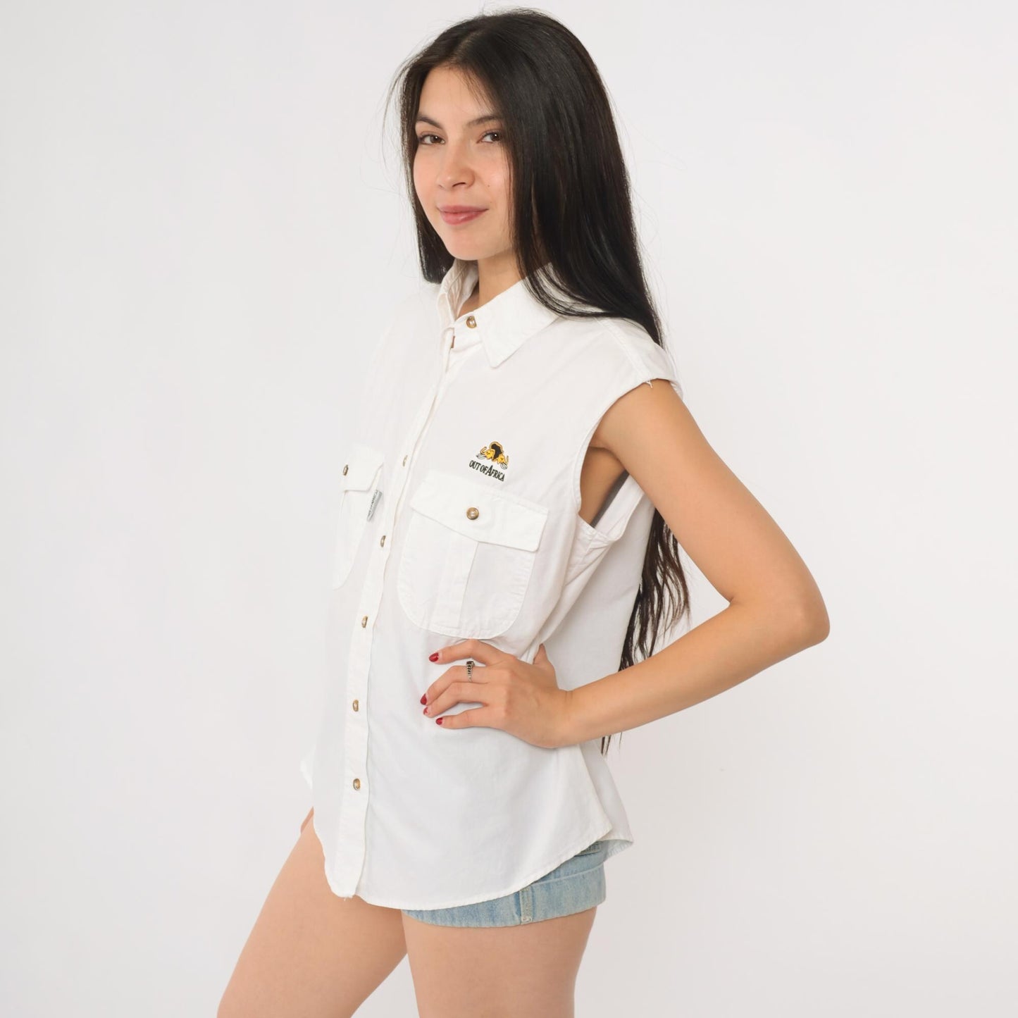 90s Out of Africa Safari Shirt White Sleeveless Button Up Embroidered Elephant Large