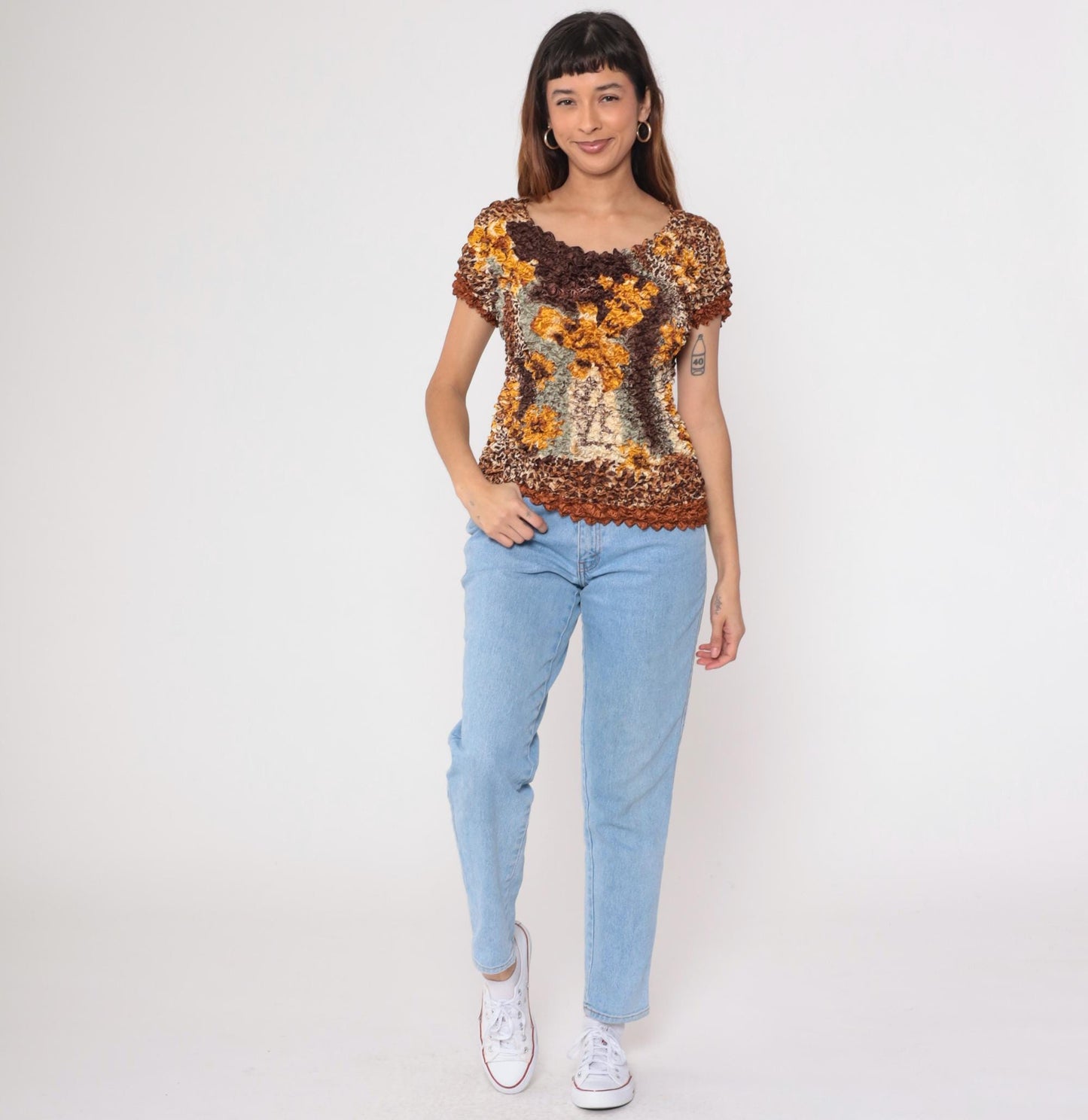 Y2K Popcorn Blouse Floral Leopard Print Brown Textured Short Sleeve Small Medium