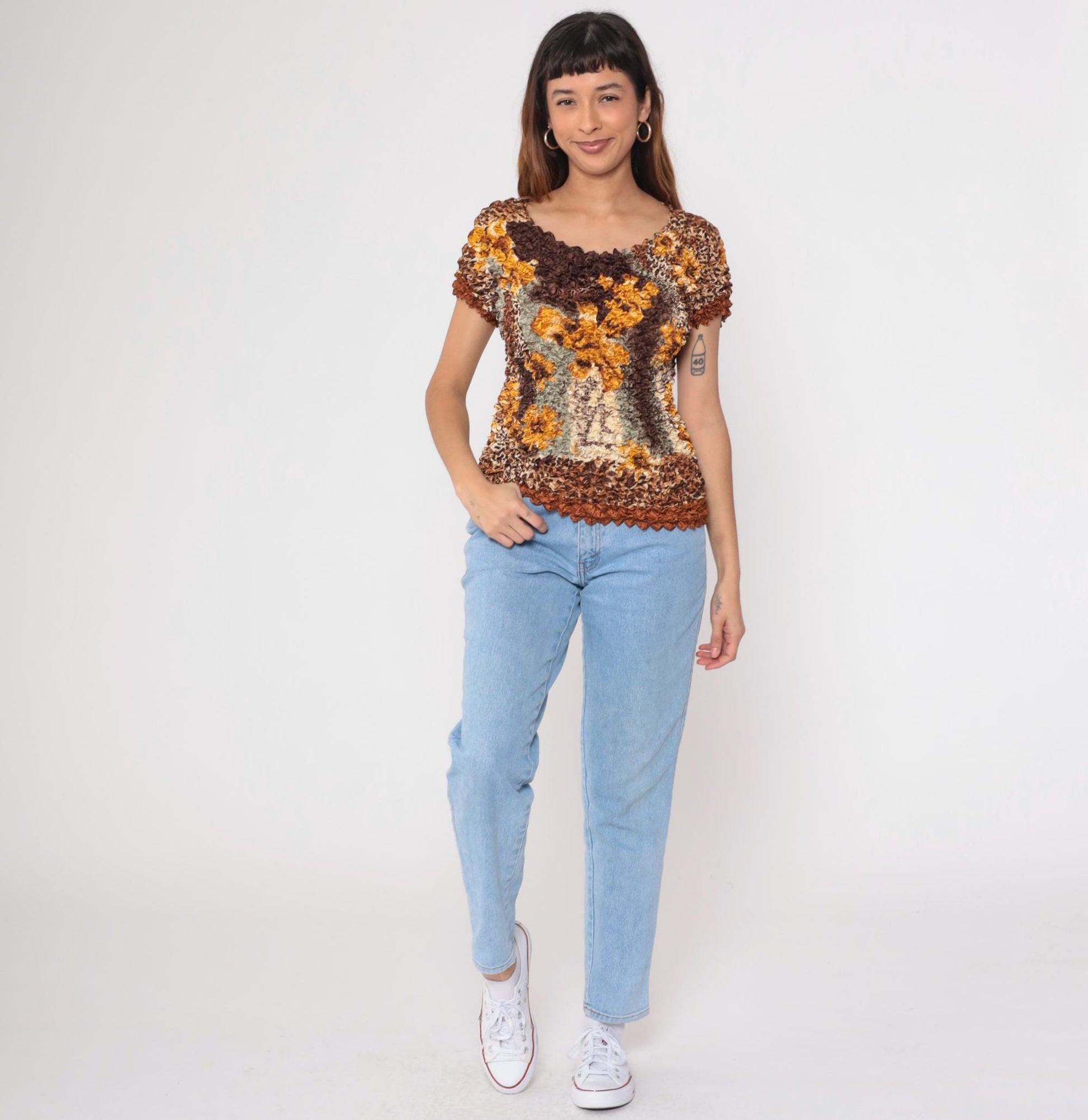 Y2K Popcorn Blouse Floral Leopard Print Brown Textured Short Sleeve Small Medium