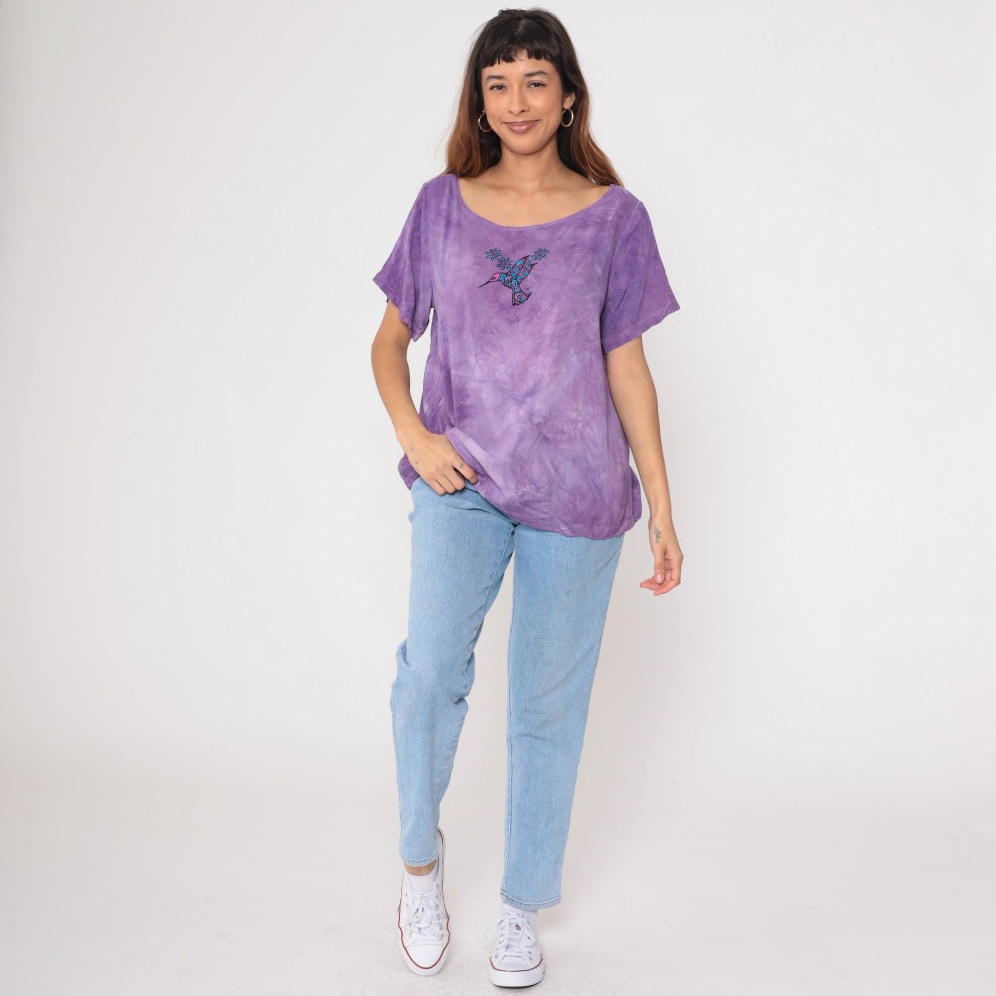 Y2K Purple Tie Dye Rayon Blouse Hummingbird Print Short Sleeve Large