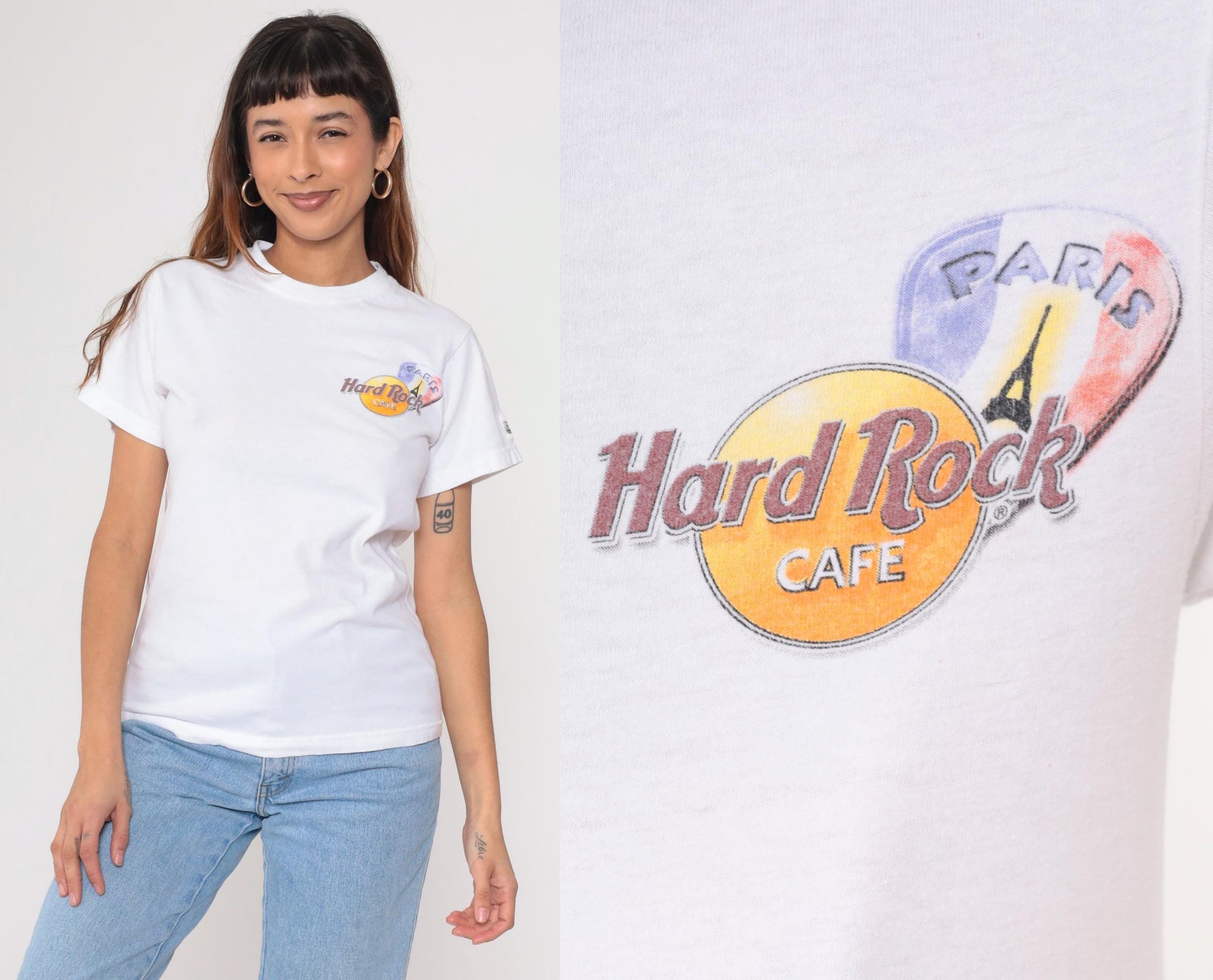 Y2K Hard Rock Cafe Paris Guitar Graphic T-Shirt 00s Crewneck Extra Small