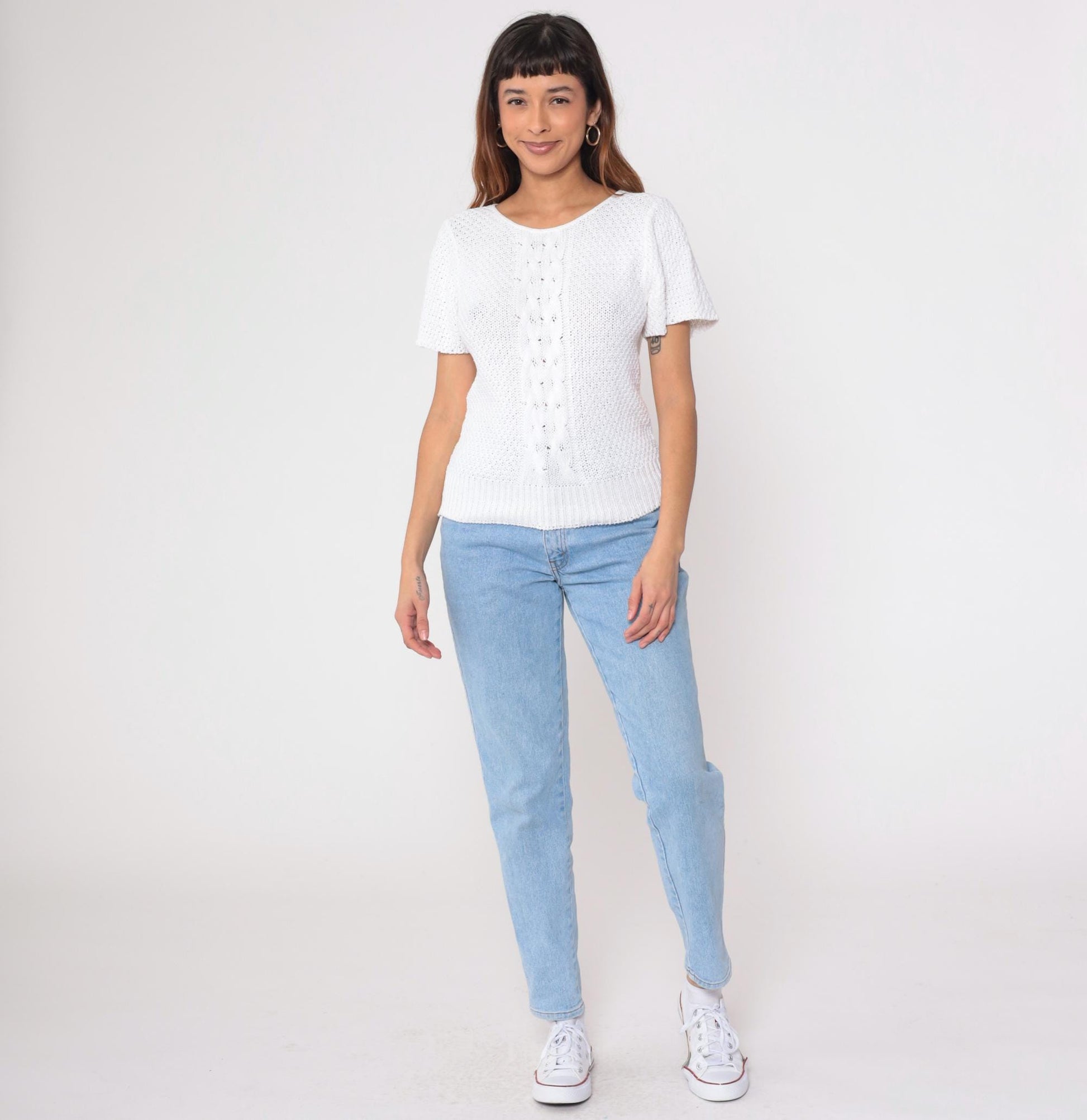 80s Yarn Spinners Cable Knit Sweater Top White Cotton Short Sleeve Extra Small