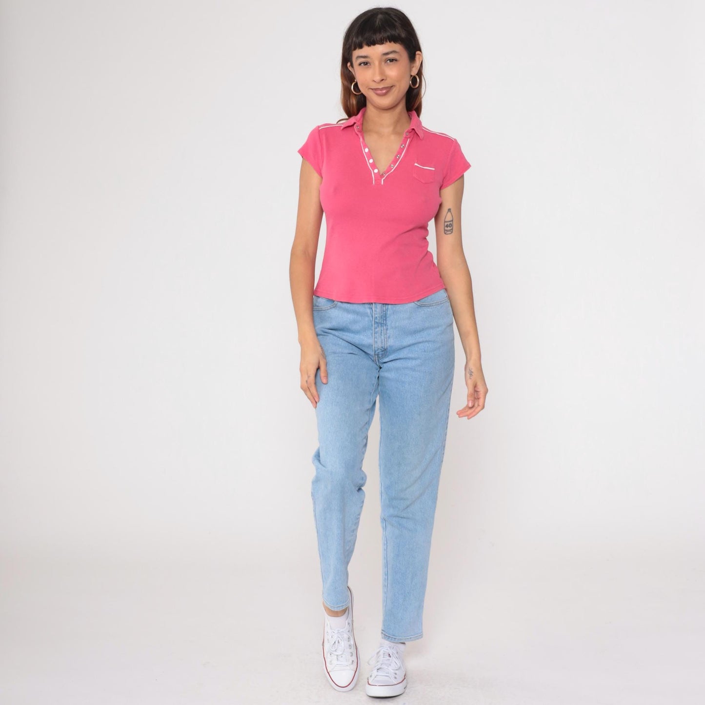 90s Energie Pink Polo Shirt White Piping Snap Button Collared Small