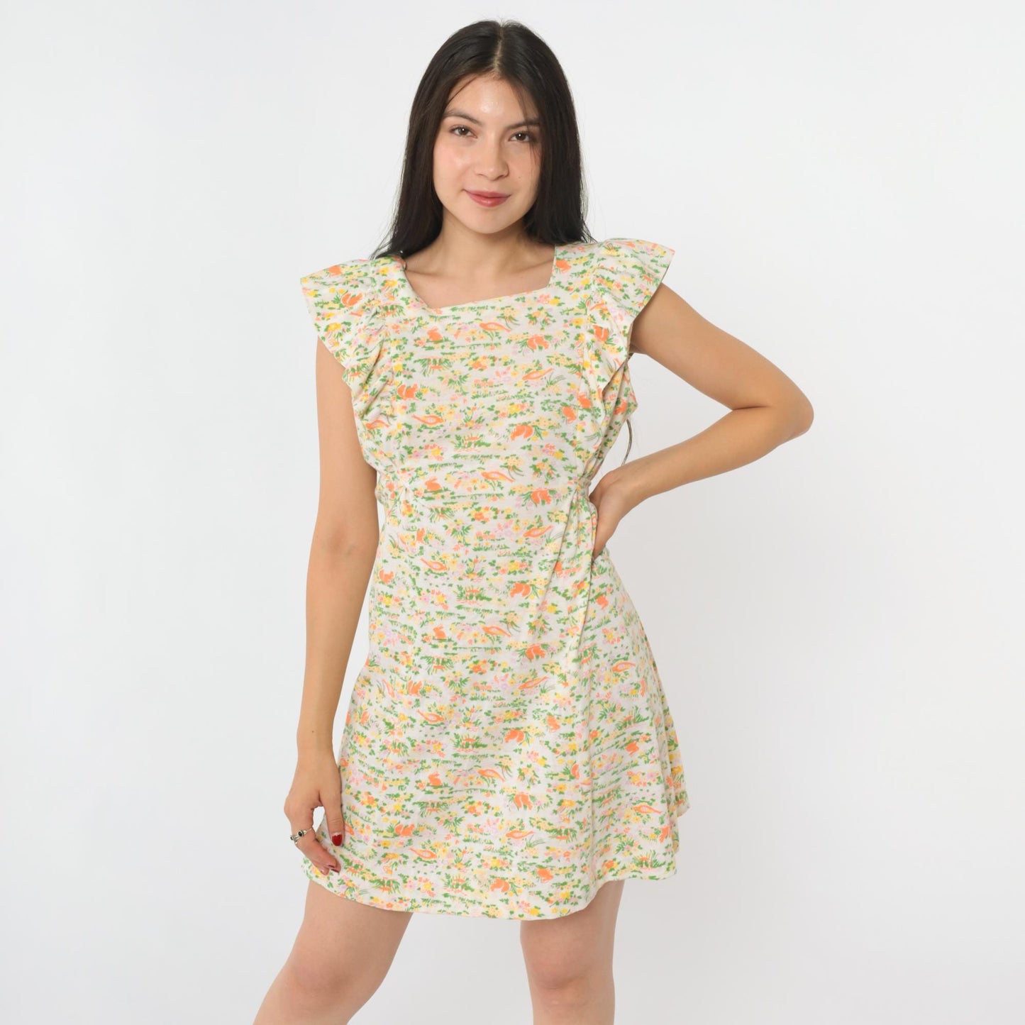 70s Animal Print Mini Shift Dress Novelty Rabbits Squirrels Birds White Medium