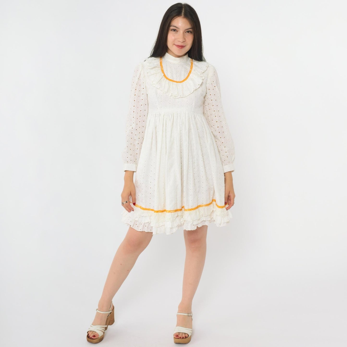 70s White Eyelet Lace Mini Dress Empire Waist Puff Sleeve Small