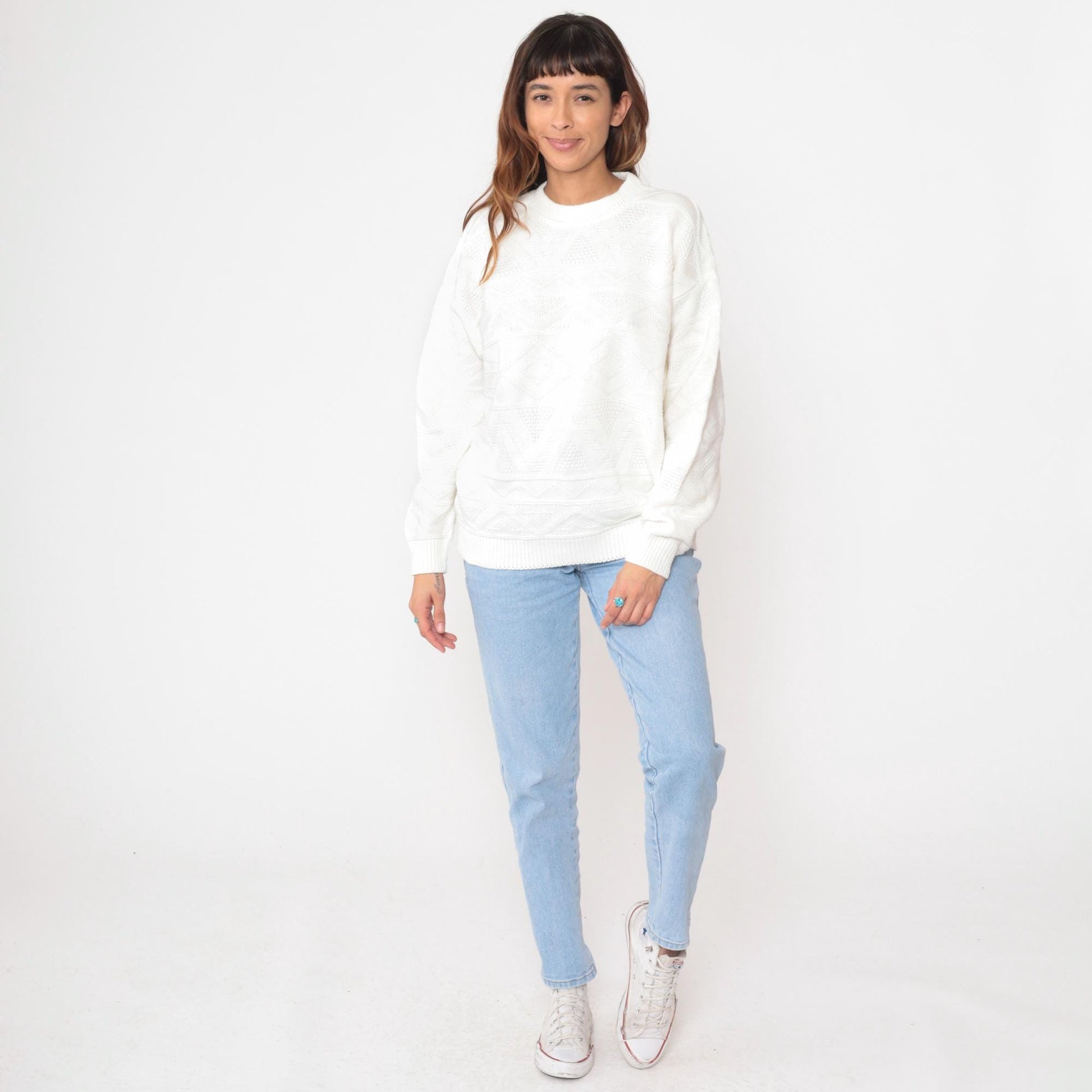 80s Club International Cable Knit Sweater White Crew Neck Medium M