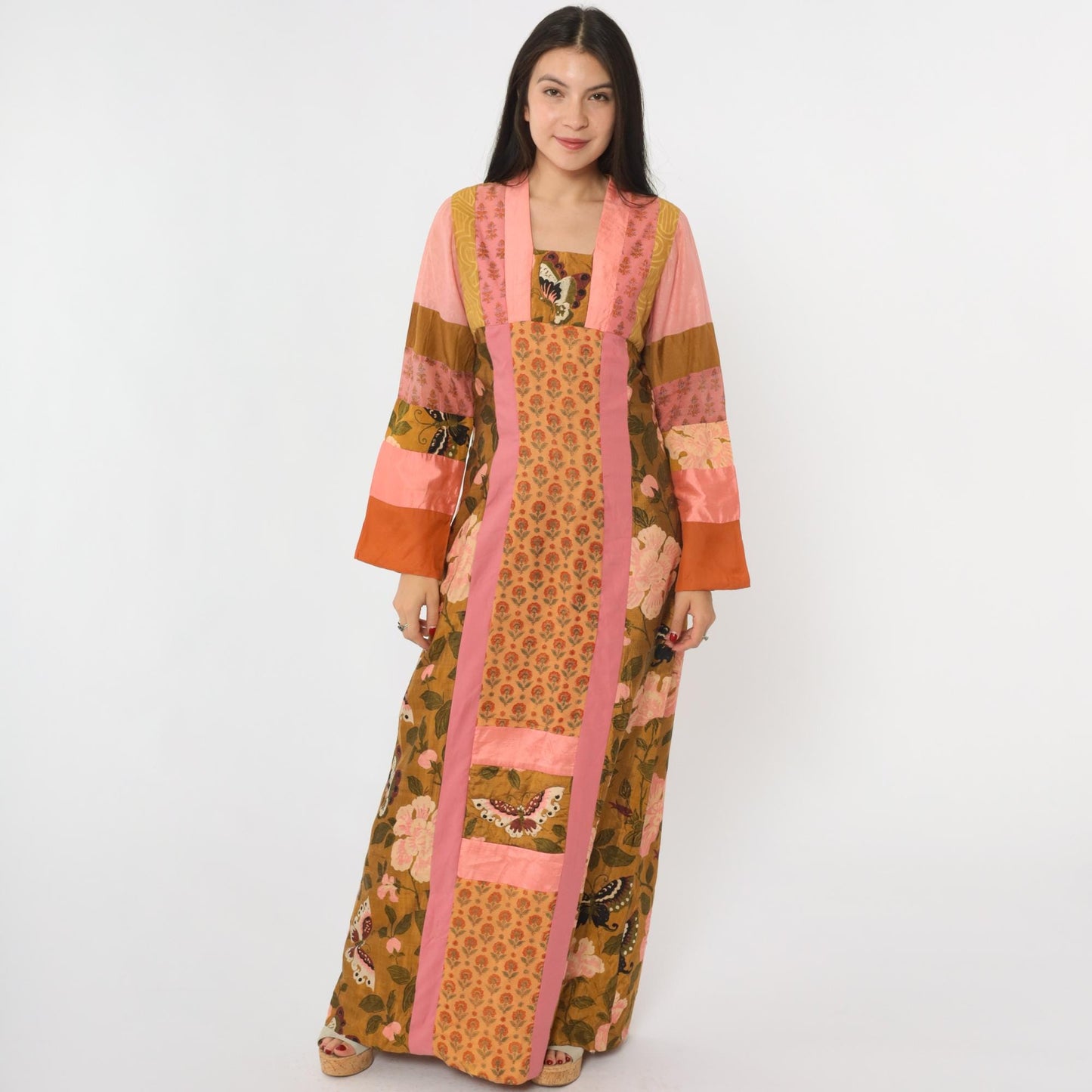 70s Patchwork Maxi Dress Butterfly Floral Pink Brown Silk Blend Small