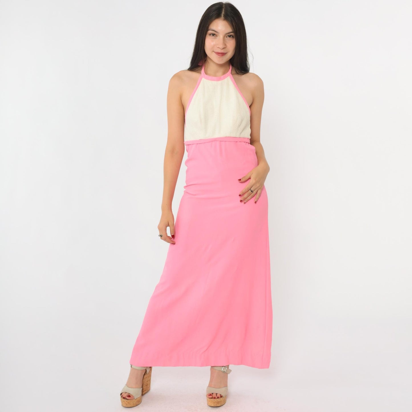 70s Lanz Original Pink Halter Maxi Dress Pointelle Knit Open Back Extra Small