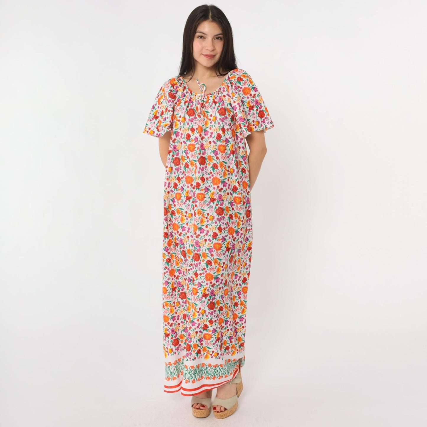 70s Floral Caftan Maxi Dress White Multicolor Print Flutter Sleeve Medium M