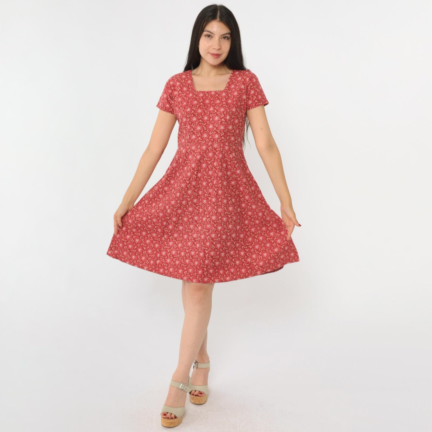 90s Red Floral Mini Dress High Waist Square Neck Short Sleeve Medium