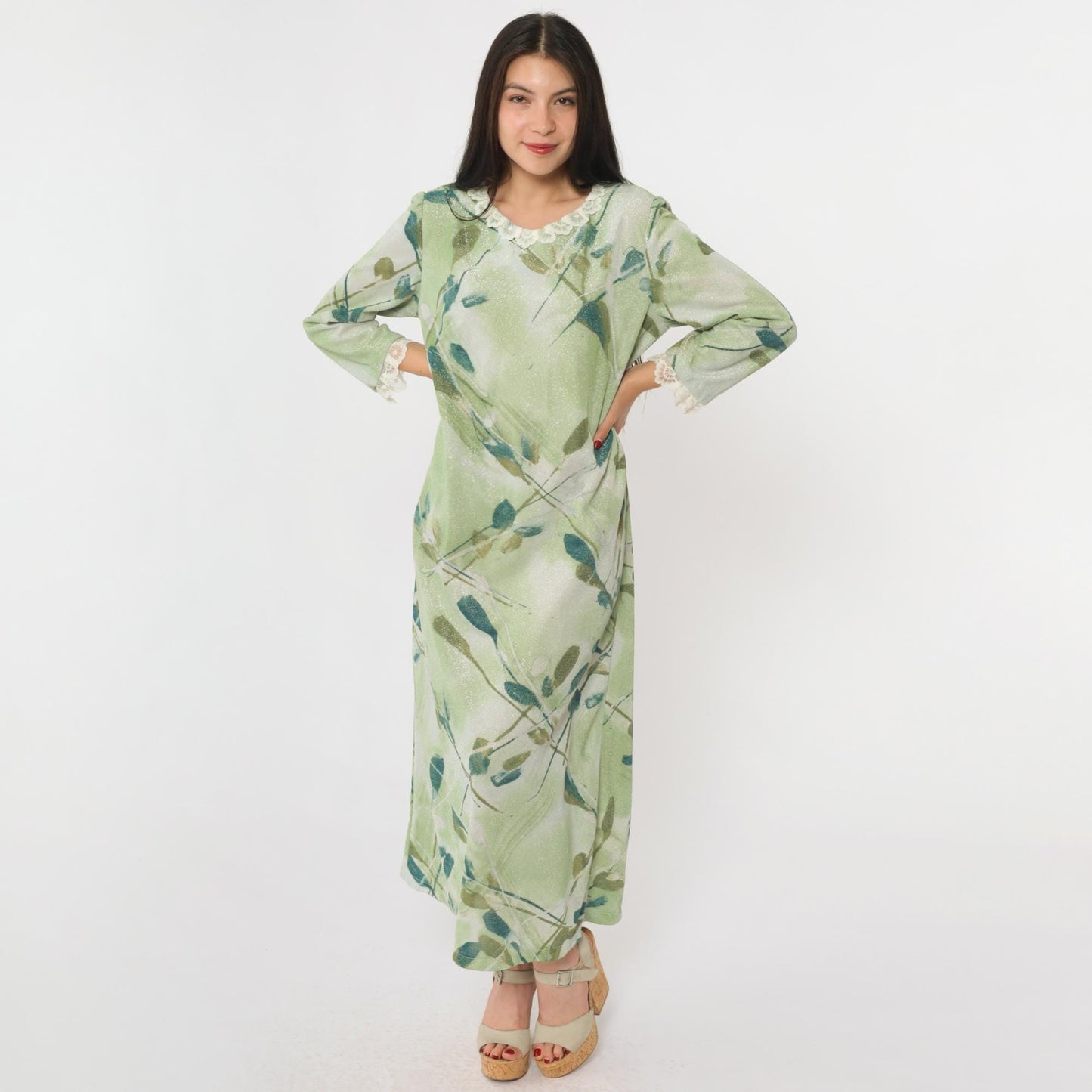70s Green Metallic Maxi Dress Watercolor Leaf Print Lace Trim Long Sleeve Medium M