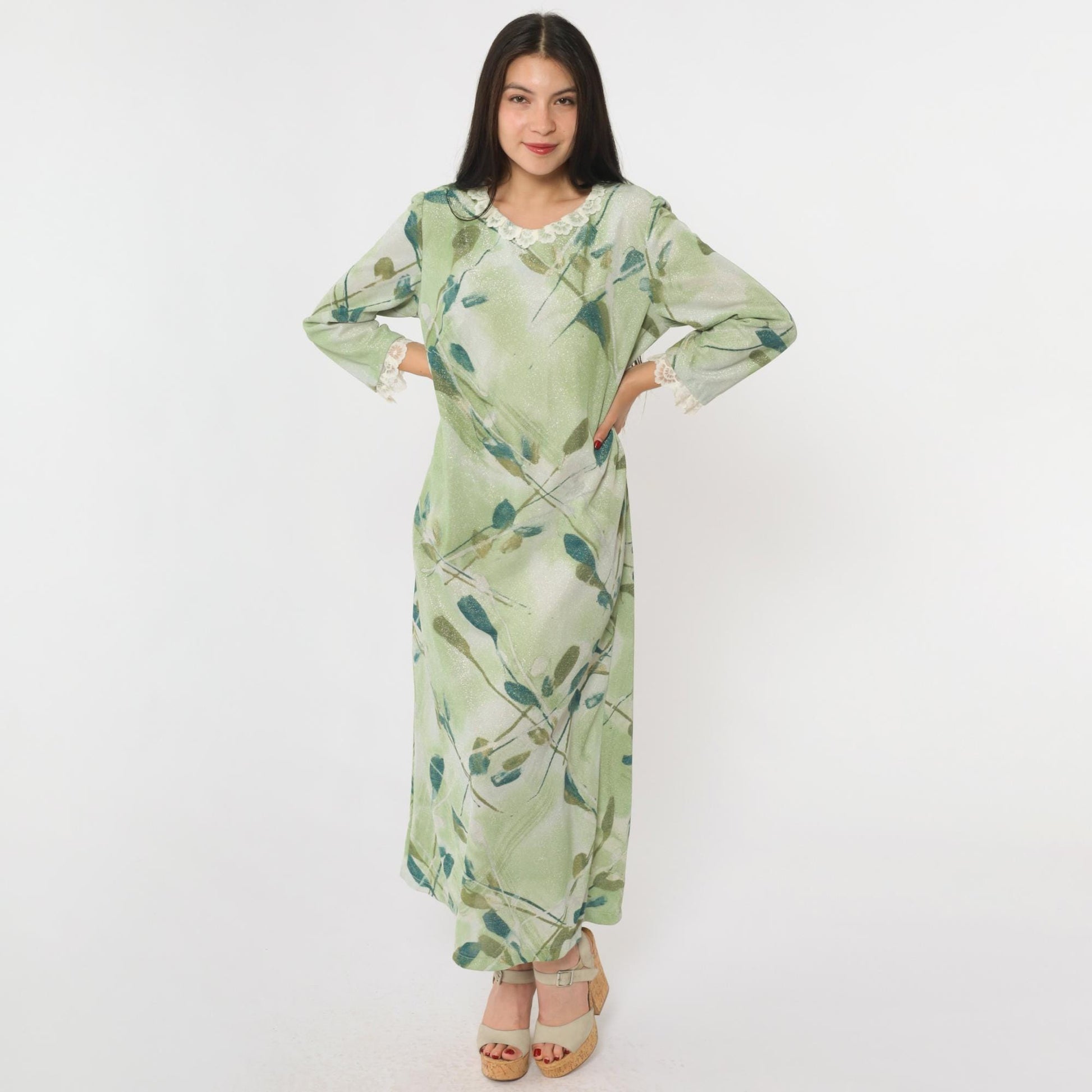 70s Green Metallic Maxi Dress Watercolor Leaf Print Lace Trim Long Sleeve Medium M