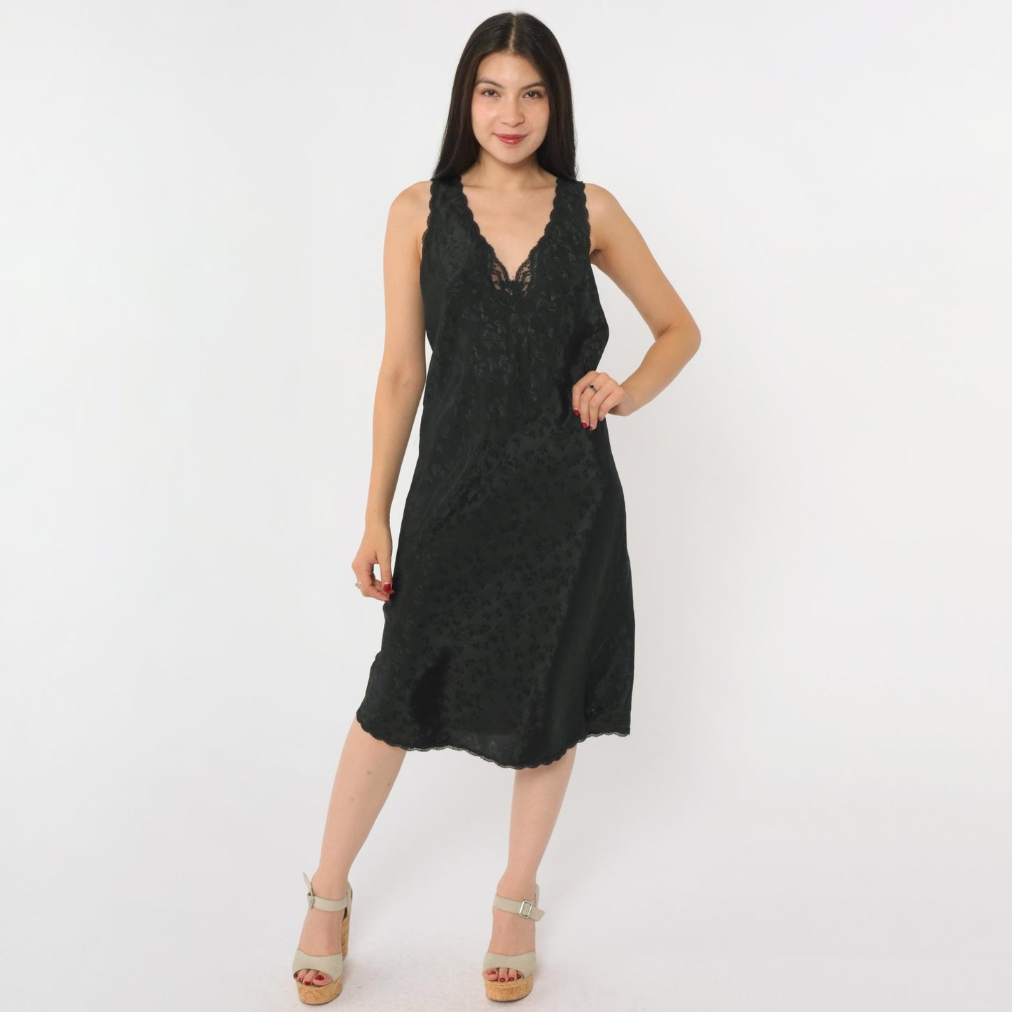 90s Barbizon Black Floral Jacquard Slip Dress Lace Trim Deep V Small