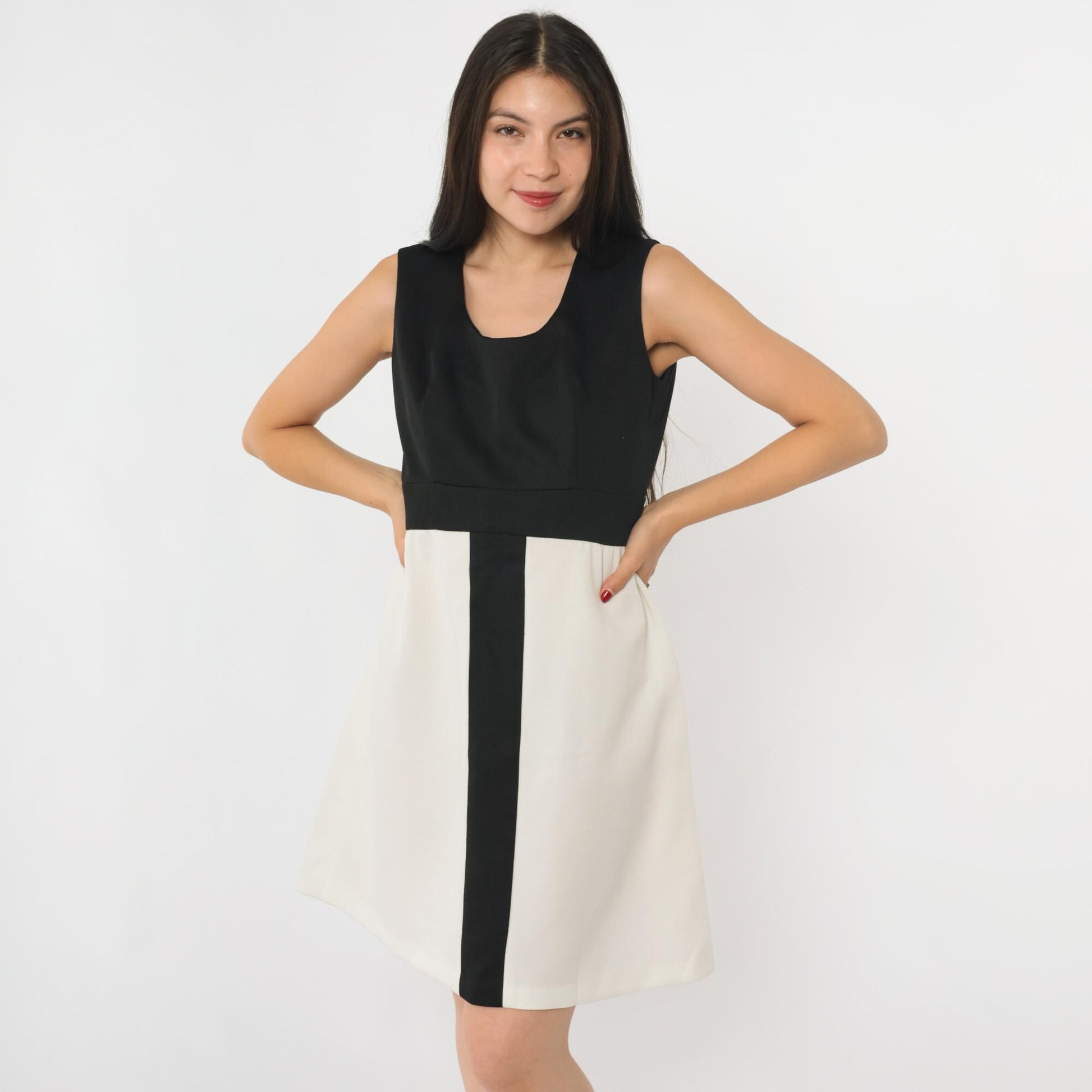 60s Mod Color Block Mini Dress Black White Striped High Waist Sleeveless Medium