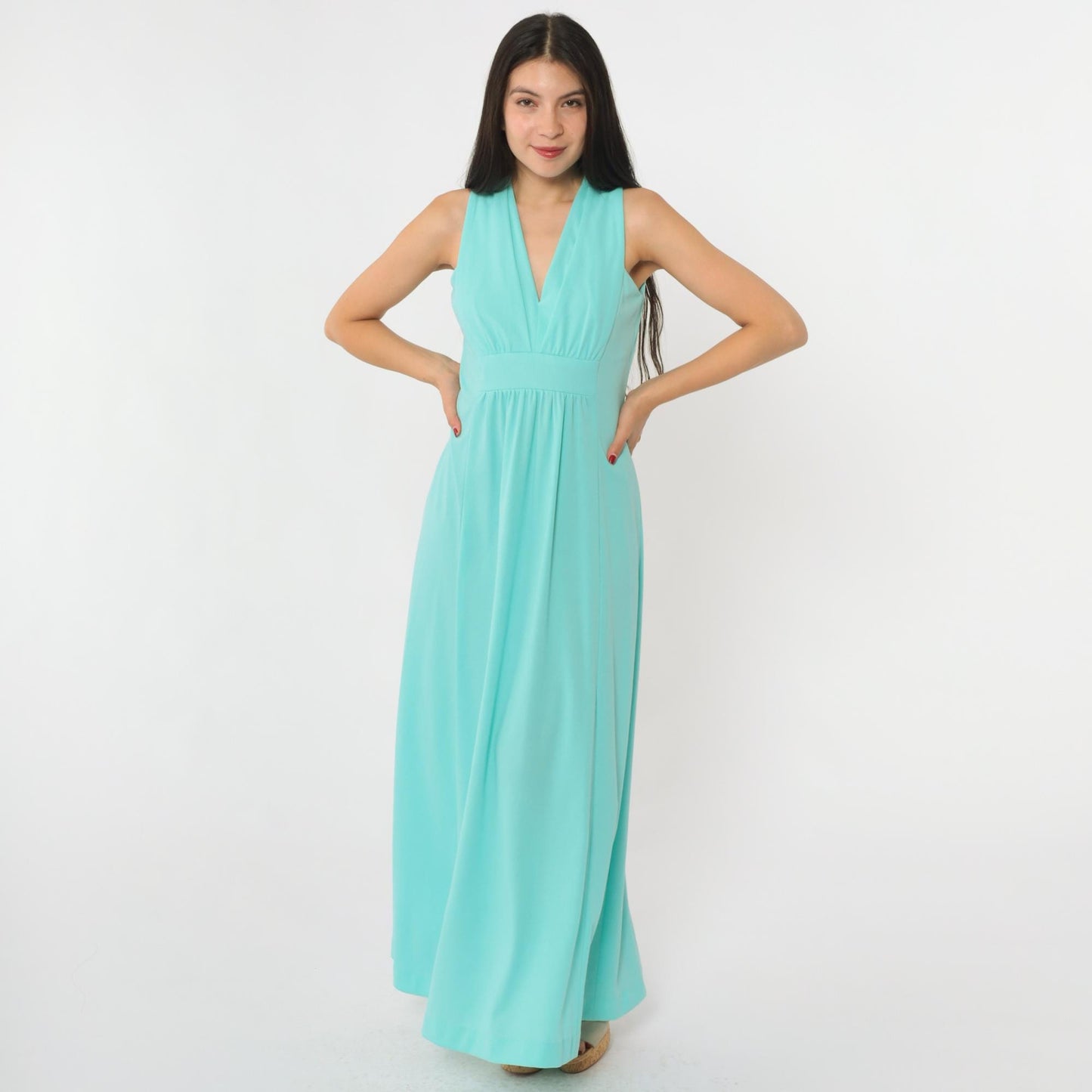 70s Aqua Maxi Dress Deep V Neck Sleeveless High Waist Small S