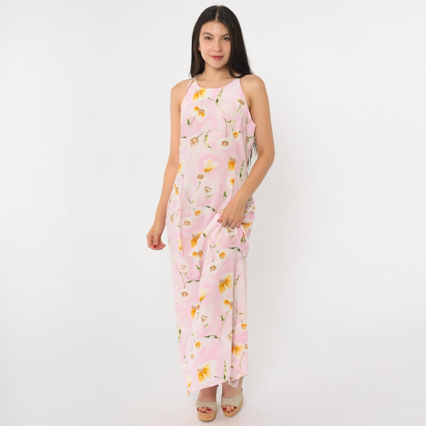 90s Pink Floral Maxi Dress Spaghetti Strap Keyhole Back Small Medium