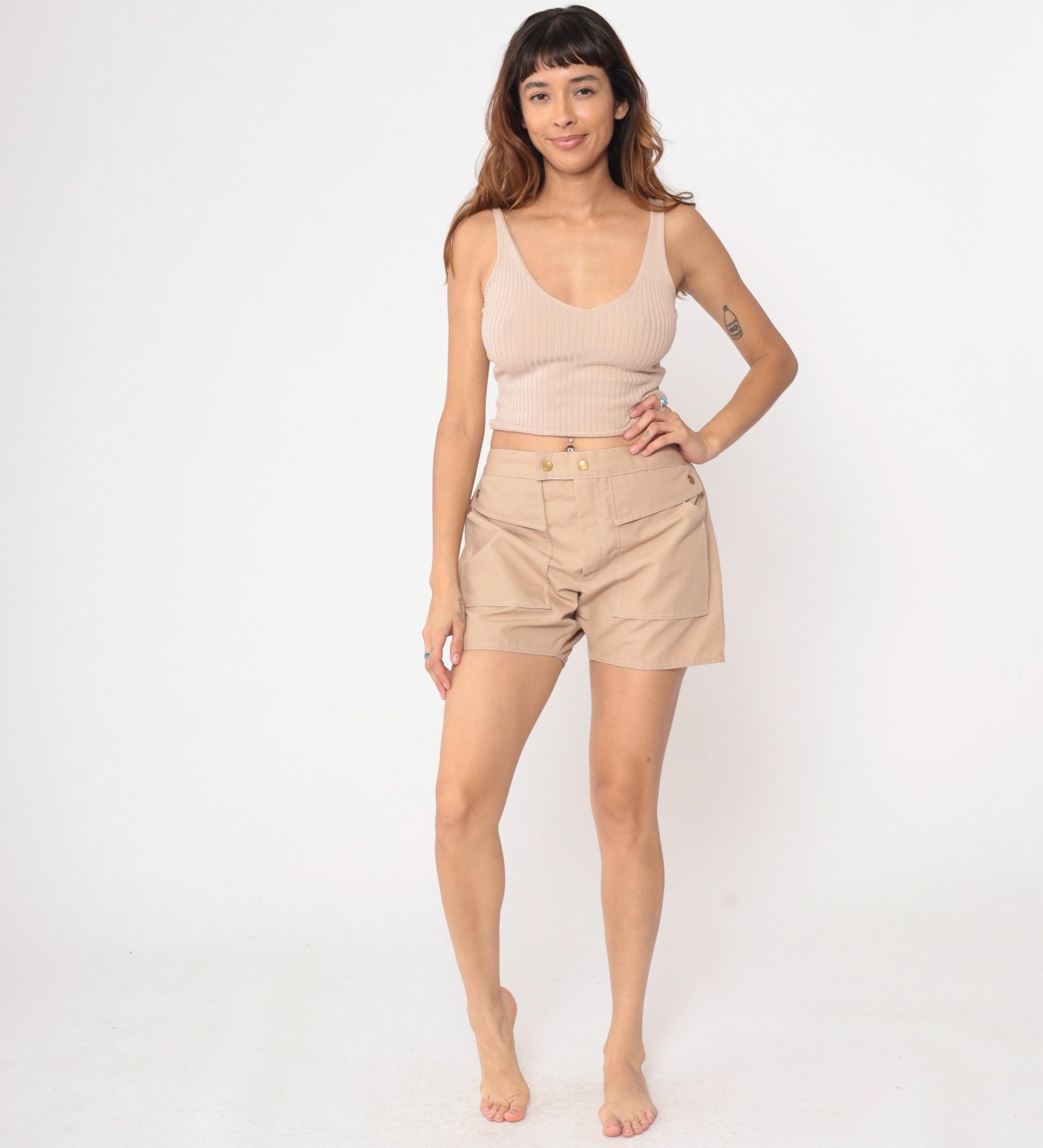 80s State o Maine Tan High Waisted Swim Shorts Nylon Medium