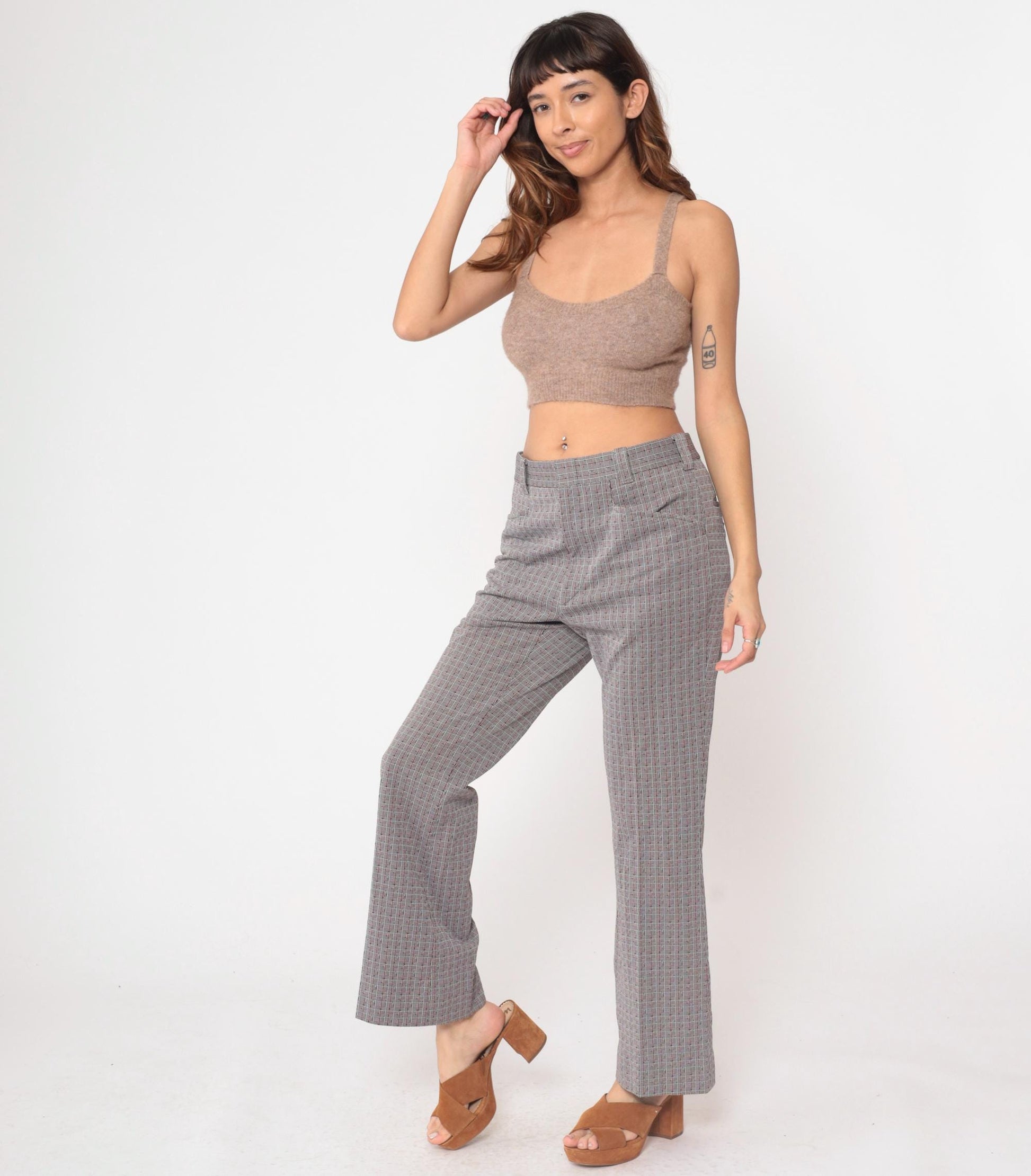 70s Grey Plaid Straight Leg Trousers High Waisted Checkered Cotton Blend Medium M