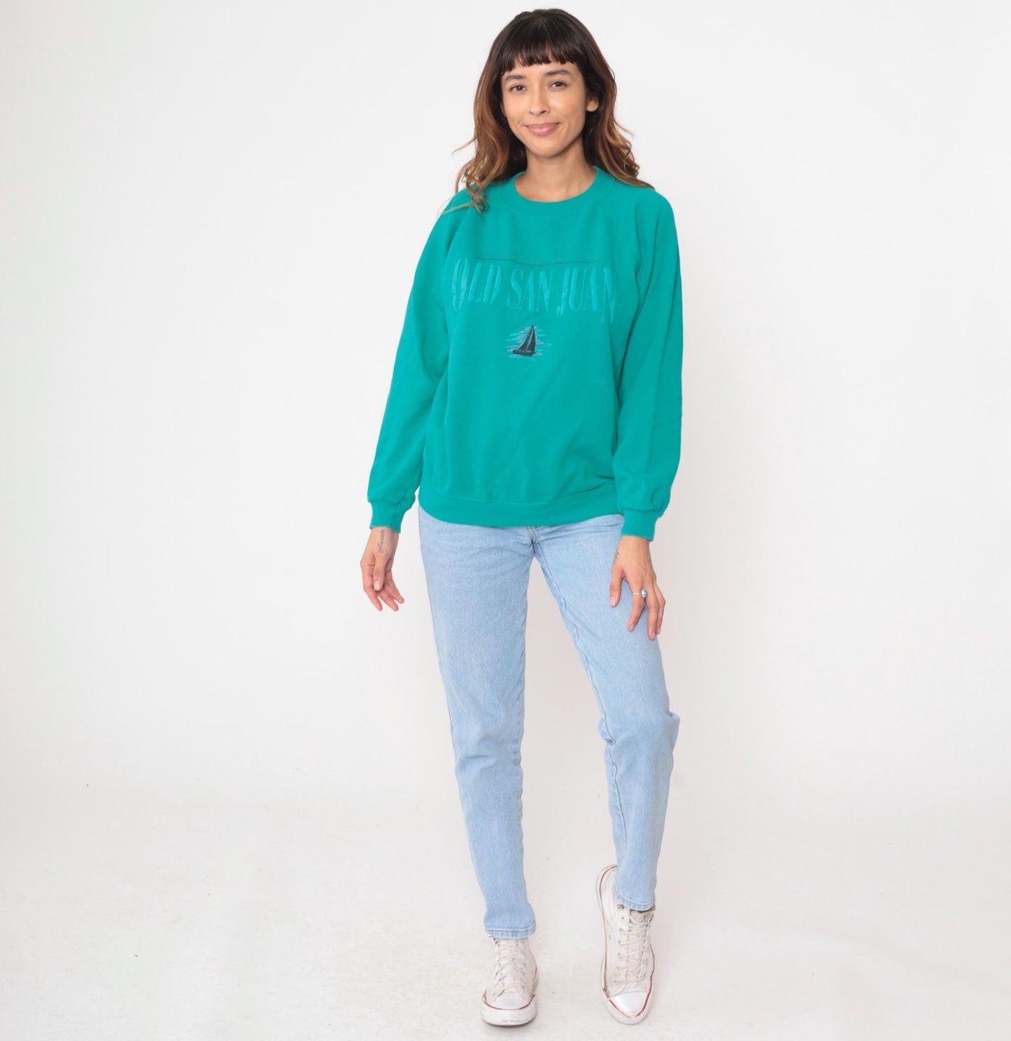 90s Hanes Turquoise Old San Juan Sailboat Raglan Sweatshirt Large L
