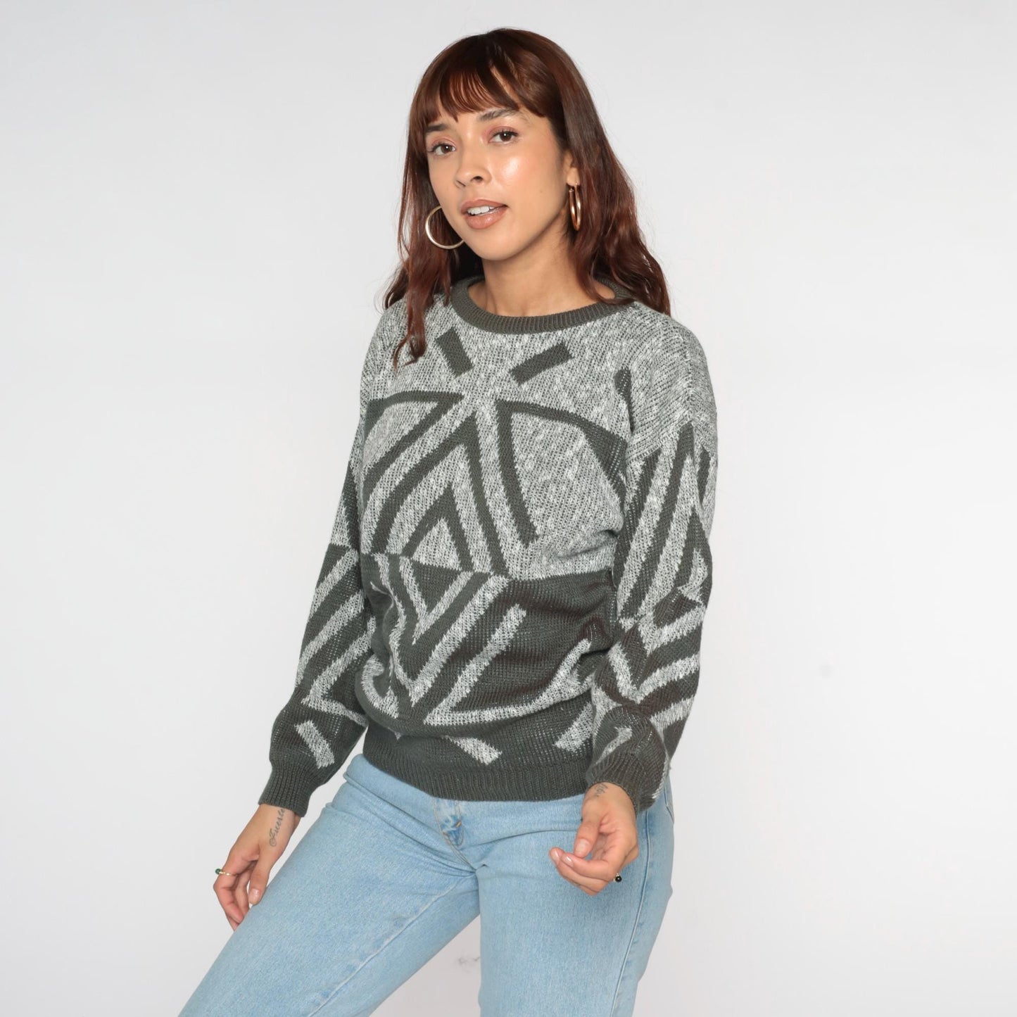 80s Grey Geometric Chevron Pullover Sweater Crewneck Knit Small S