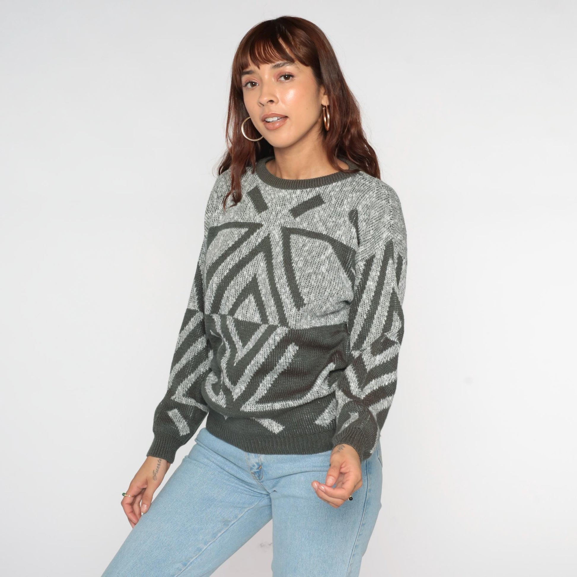 80s Grey Geometric Chevron Pullover Sweater Crewneck Knit Small S