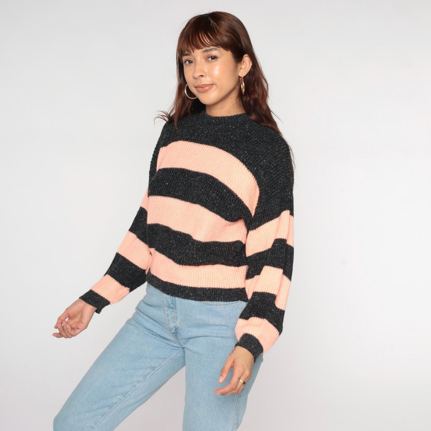 80s Peach Grey Striped Crewneck Knit Sweater Medium M