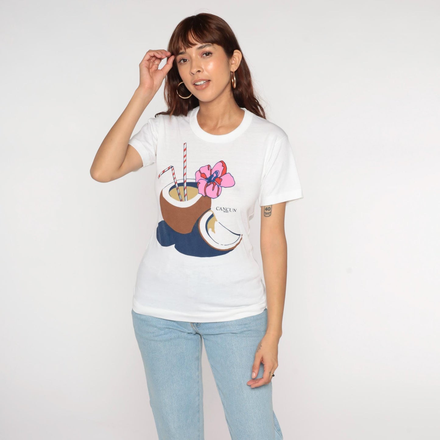 80s Cancun Mexico Tropical Coconut Graphic T-Shirt White Single Stitch XS